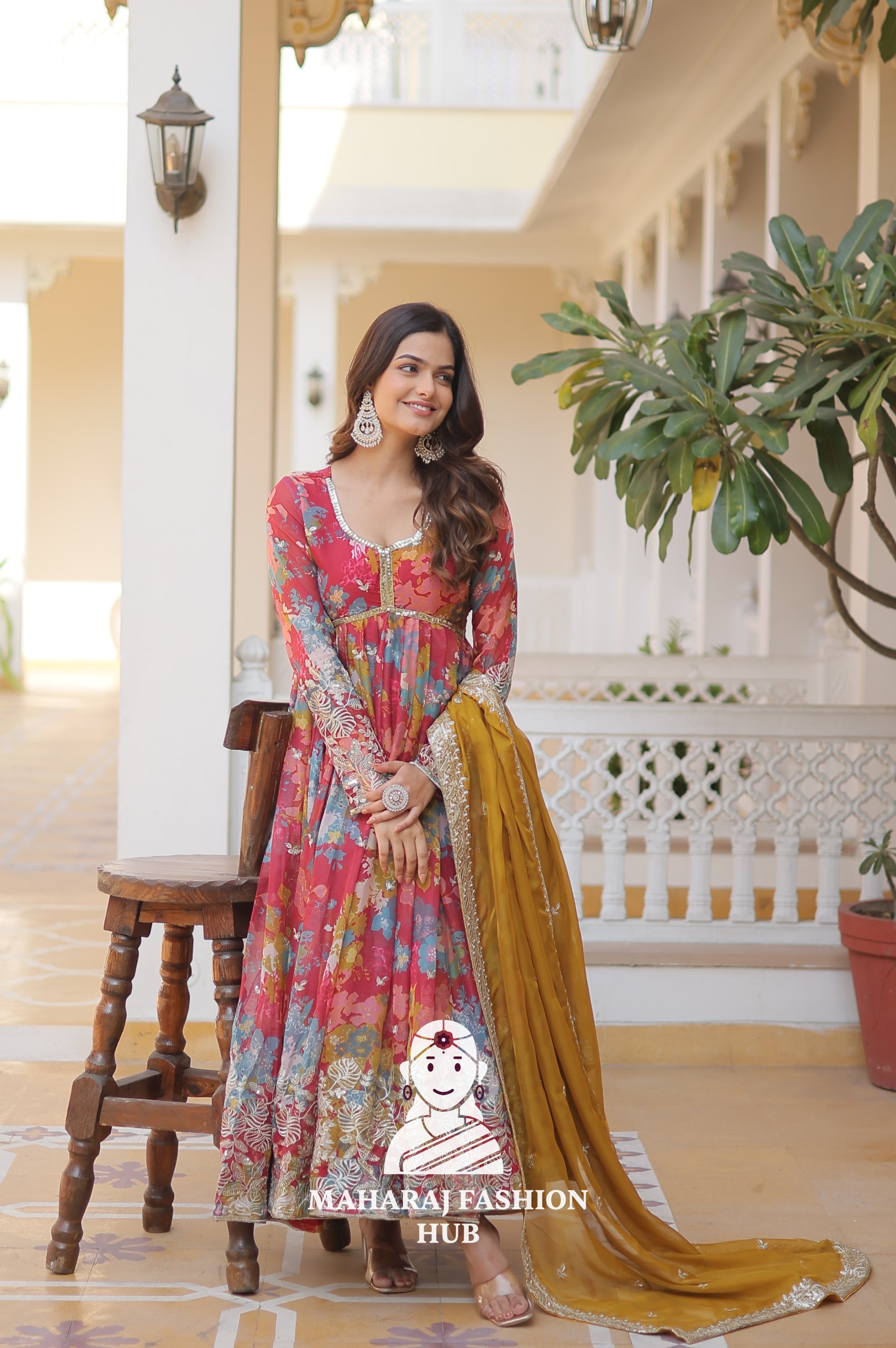 Digital Printed Russian Silk Gown with Zari & Sequins Embroidery