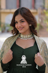 🎀 Ethnic Radiance in Vichitra with Full Sleeves & V-Neck - Special Designer Gown