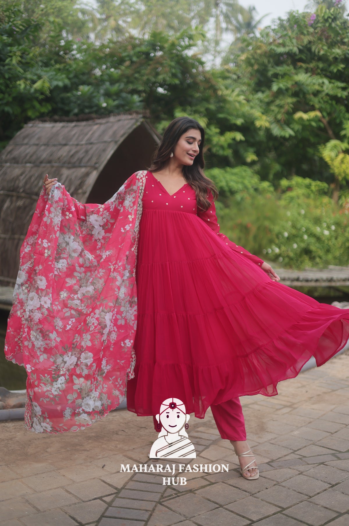 🪷 Floral Printed Organza Dupatta with Frill Gown & Micro Cotton Bottom