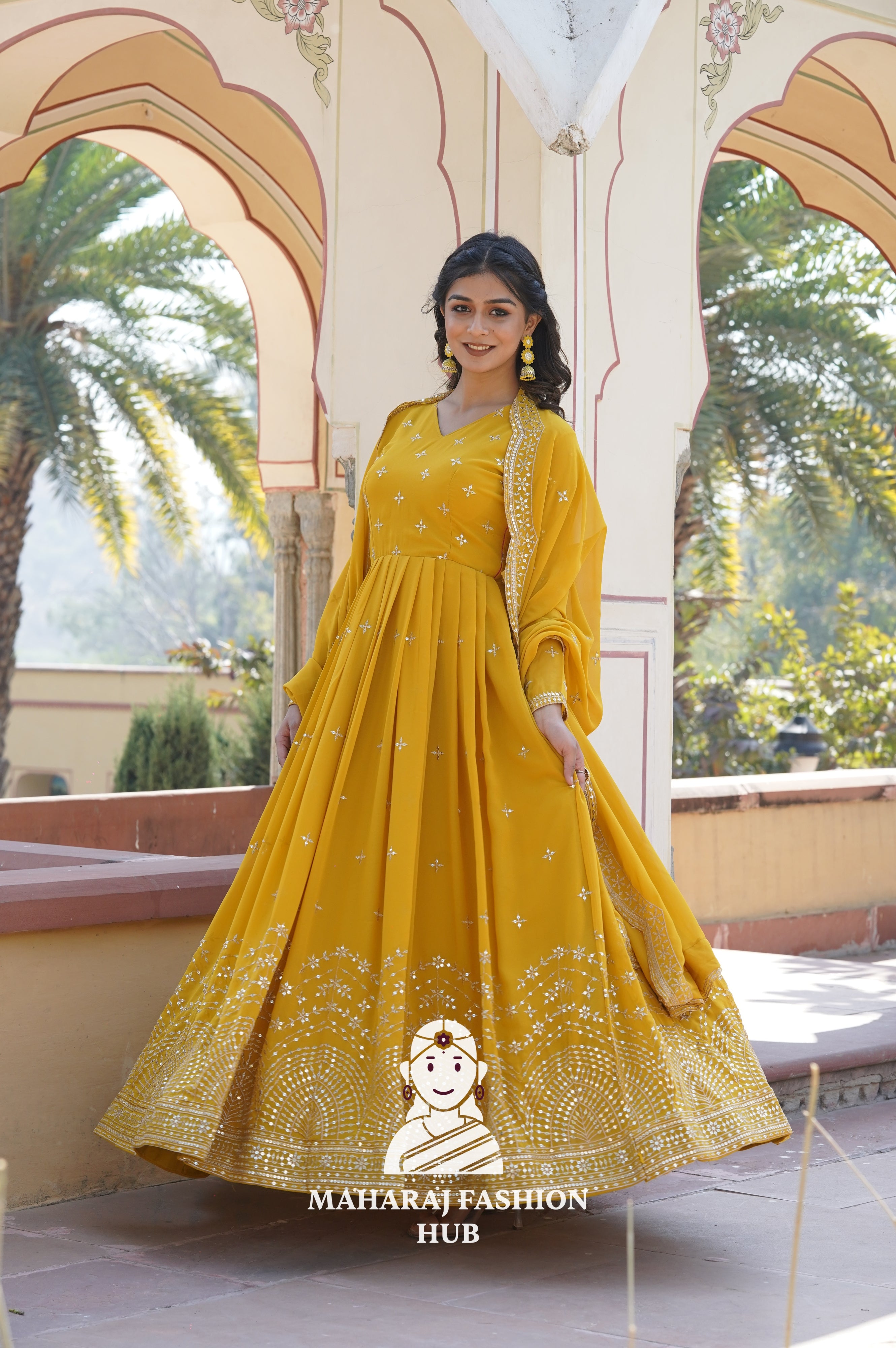 Fancy V Neck Embroidered Gown in Faux Georgette