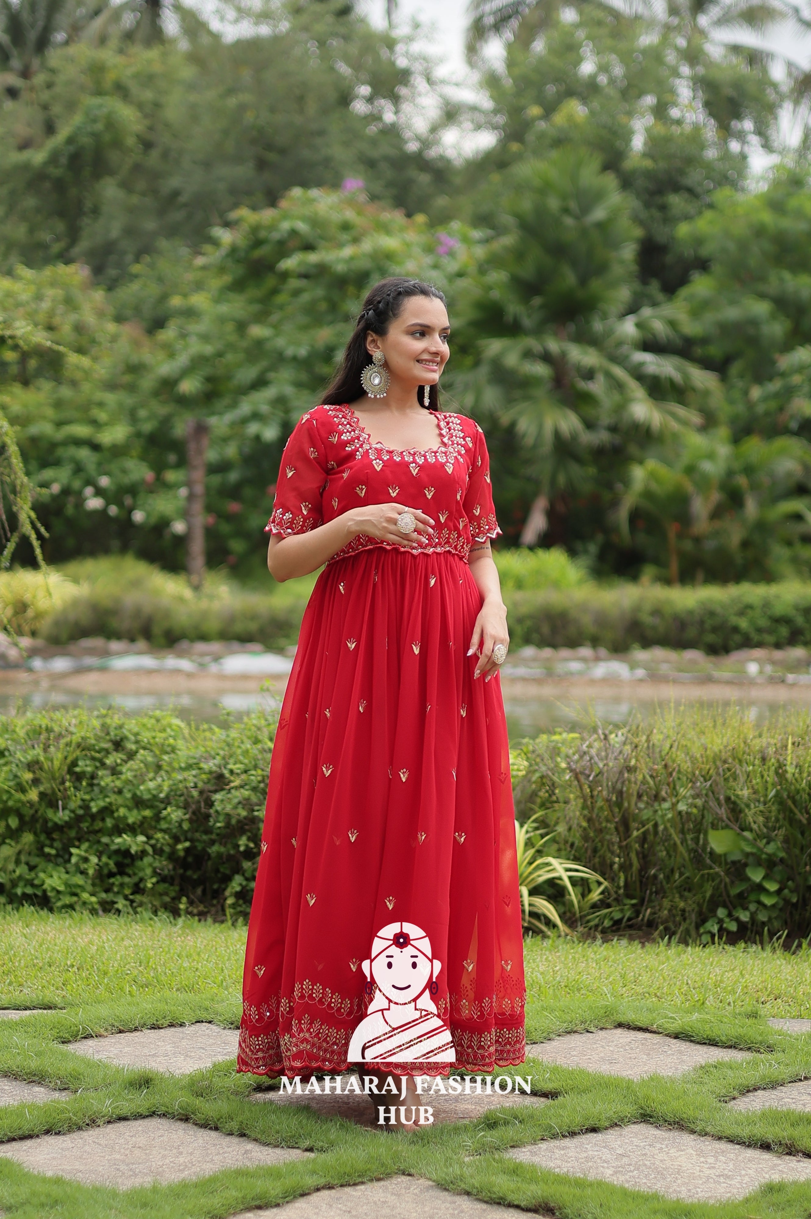 Sequins Embroidered Fabric Gown with Stylish Square Neck