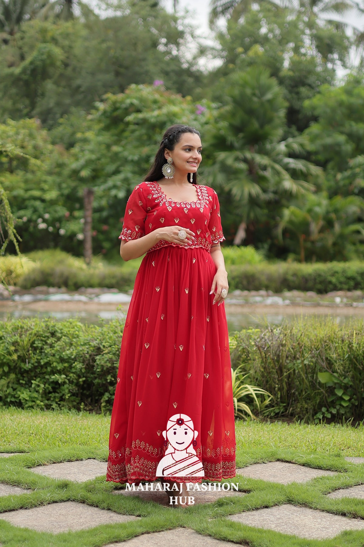 Sequins Embroidered Fabric Gown with Stylish Square Neck