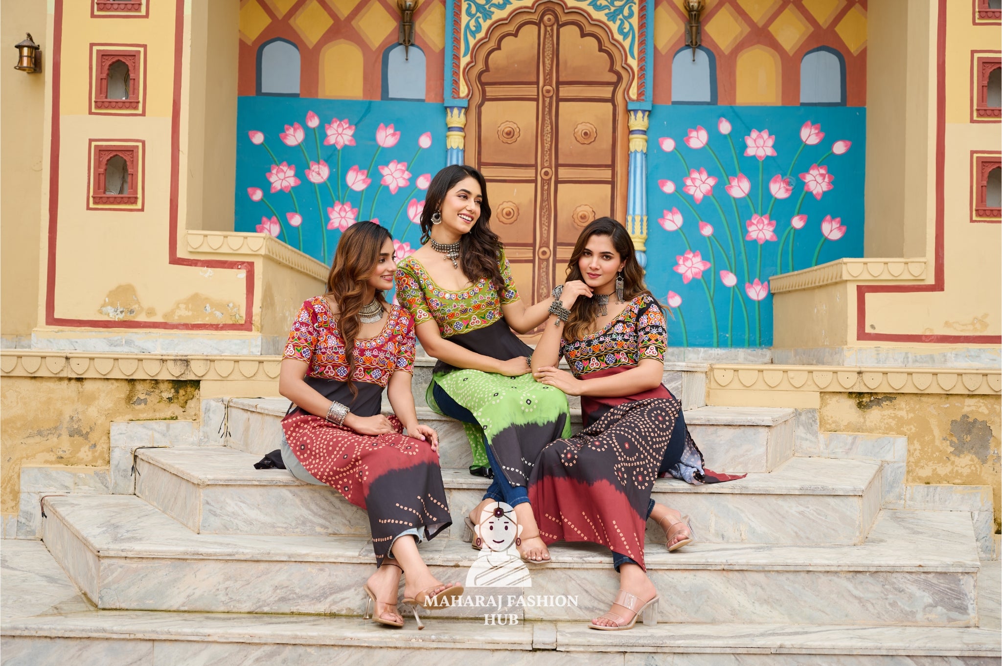 Navratri Combo - Graceful Half Sleeve Kutchi Gamthi Embroidery Printed Rayon Kurti 👑🌺