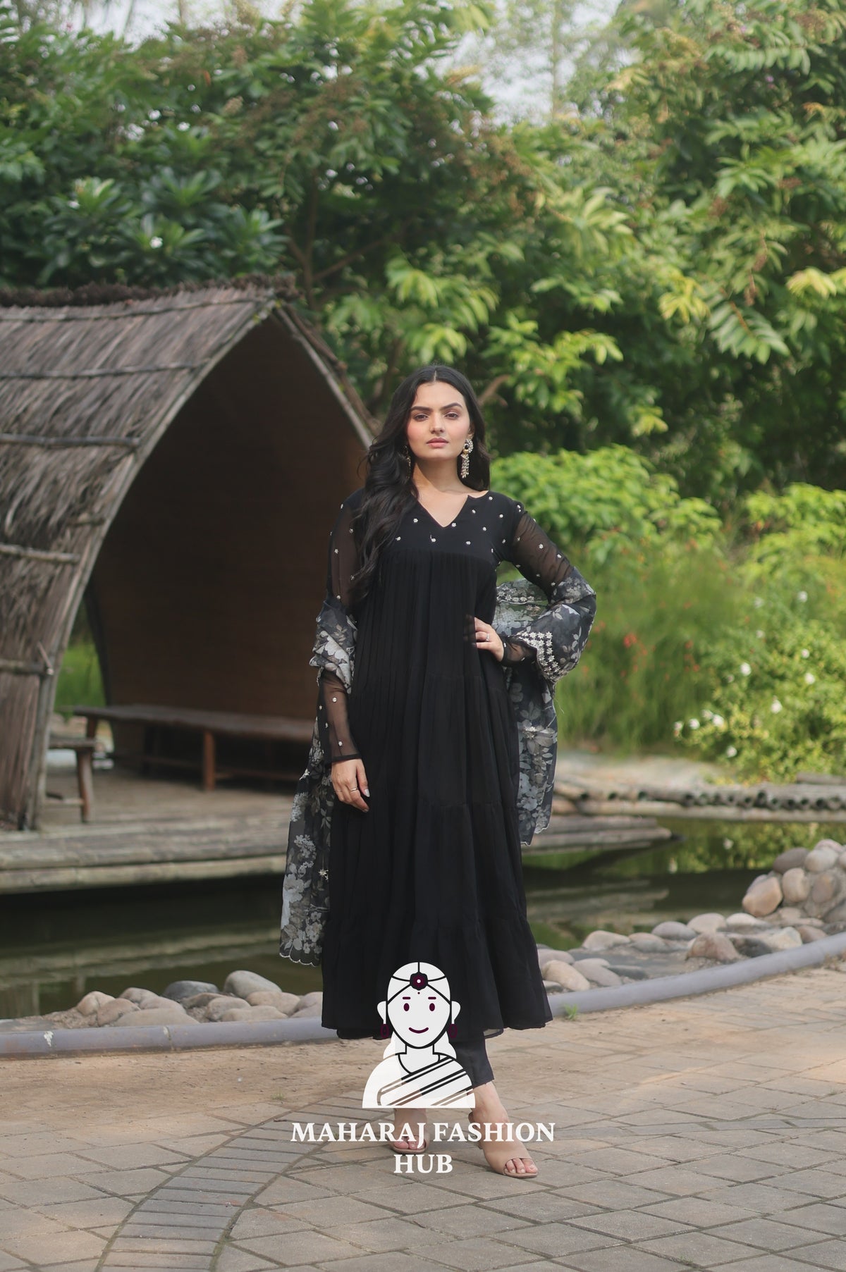 🌸 Faux Blooming Butti Work Set with 4-Layer Frill Gown & Organza Dupatta