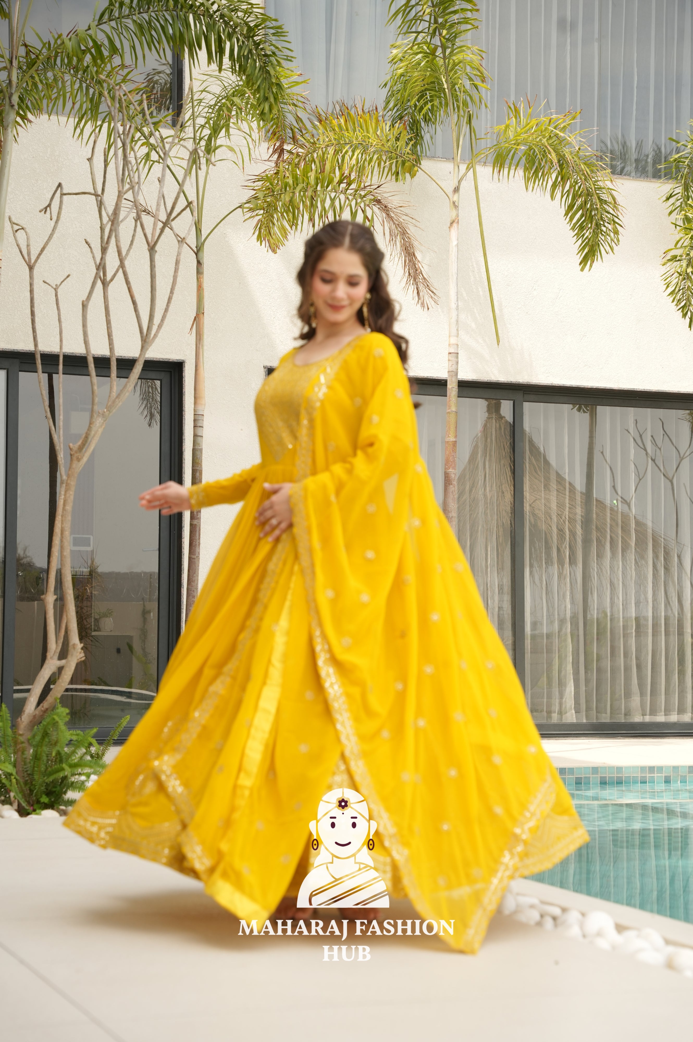 💫 Elegant Round Neck Gown in Faux Blooming Fabric - Special Designer Gown