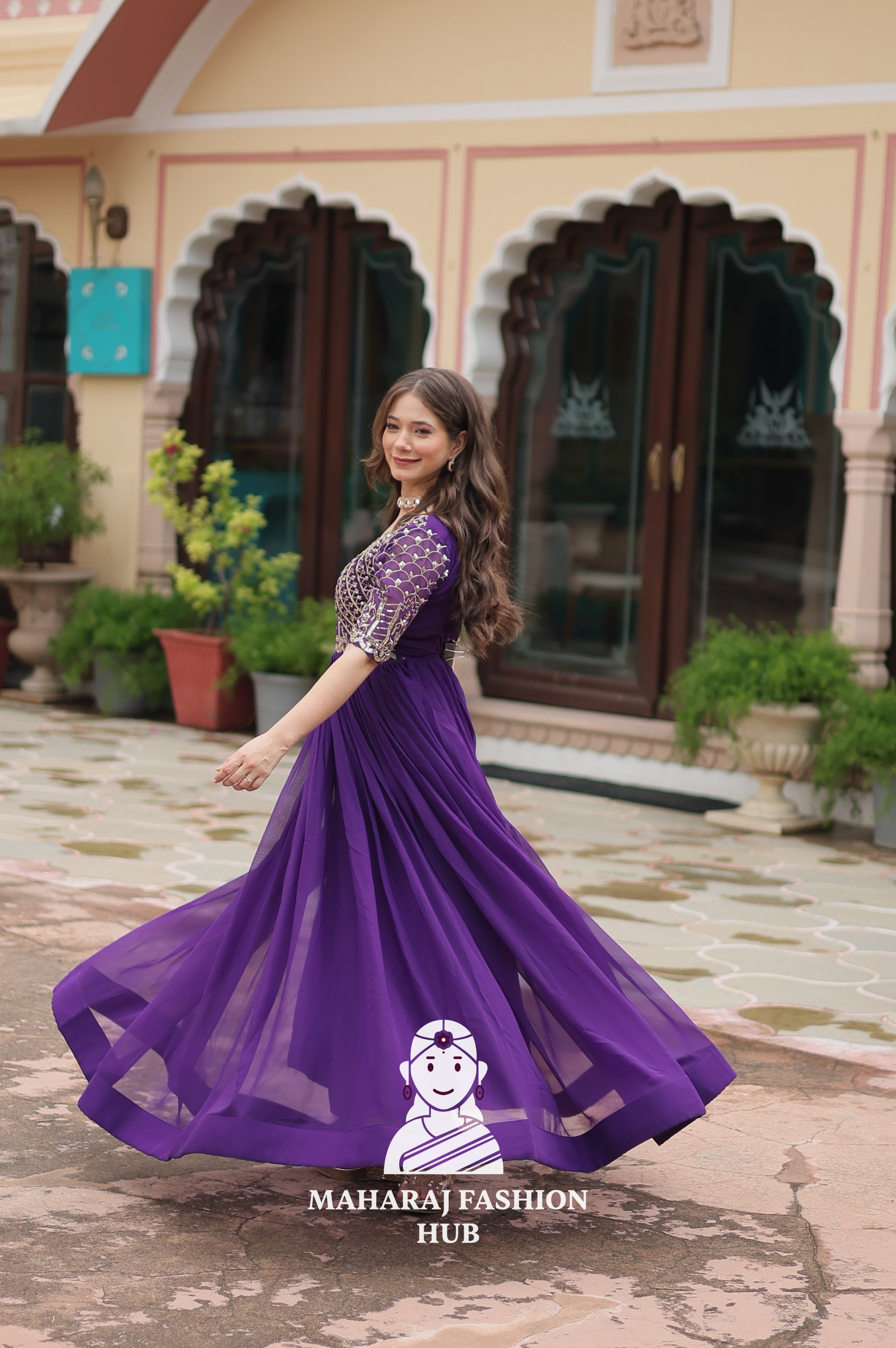Designer Faux Blooming Gown with Zari Sequins Detailing