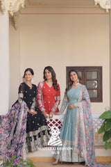 Full-Length Faux Georgette Embroidered Gown with Zari Sequins Detailing