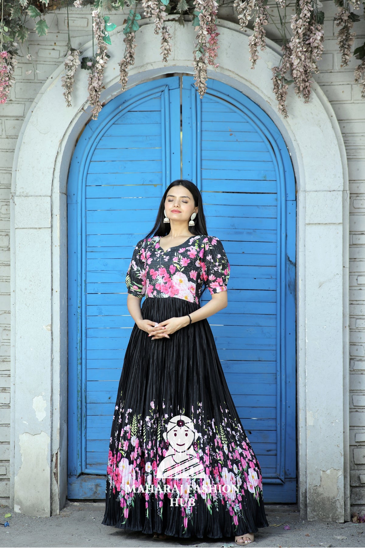 Elegant Digital Print Gown with Designer Neckline