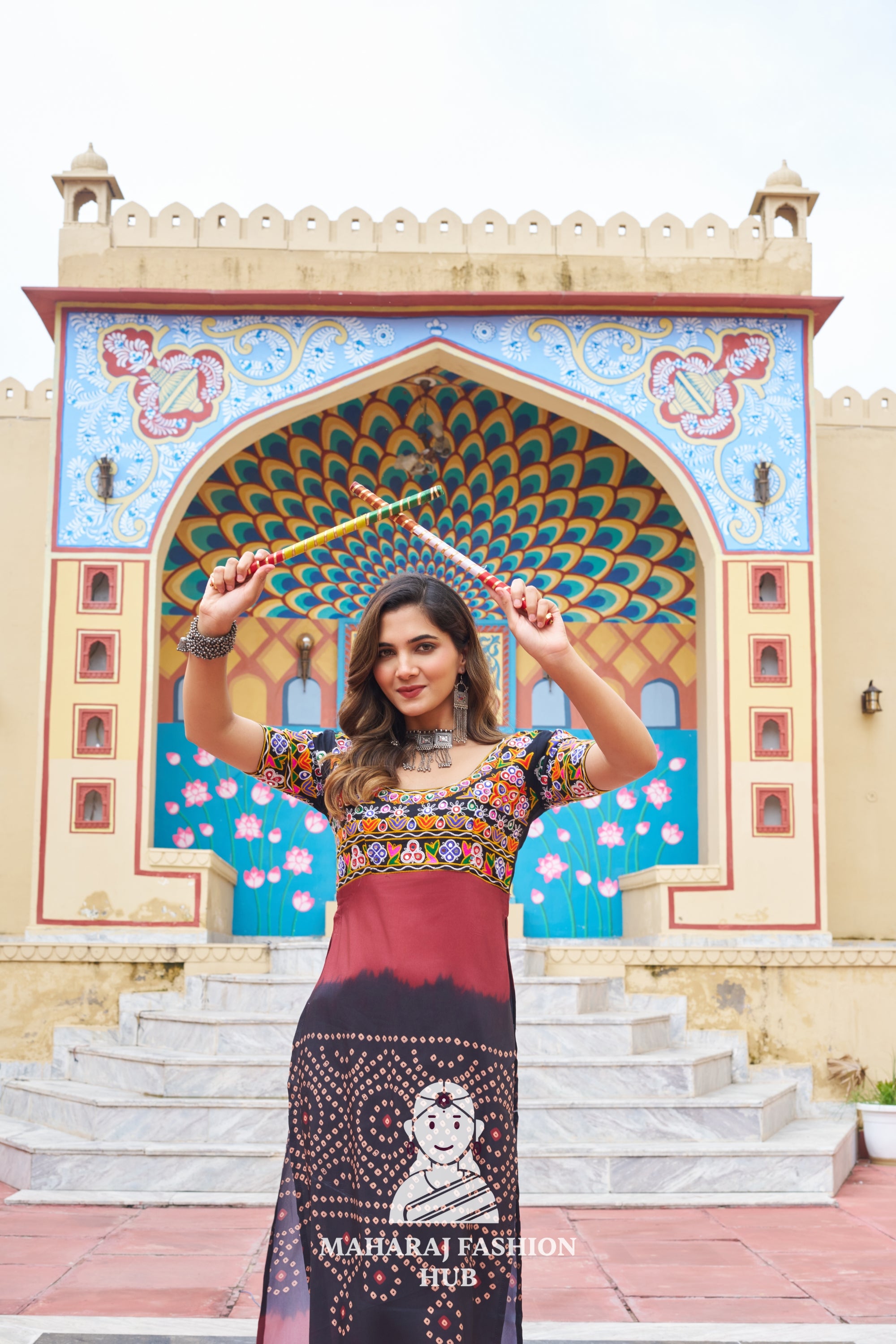 Premium Printed Rayon Round Neck Navratri Kurti with Kutchi Embroidery 💫🎶