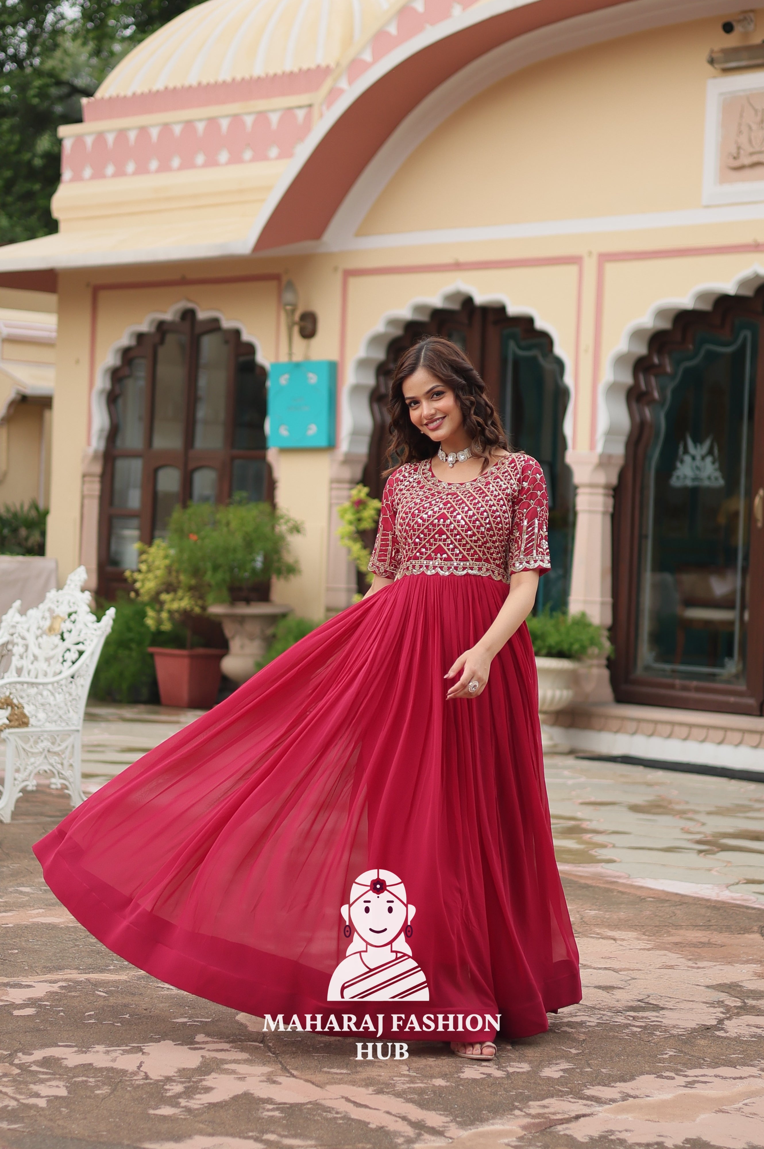Beautiful Embroidered Faux Blooming Gown with Cotton Lining