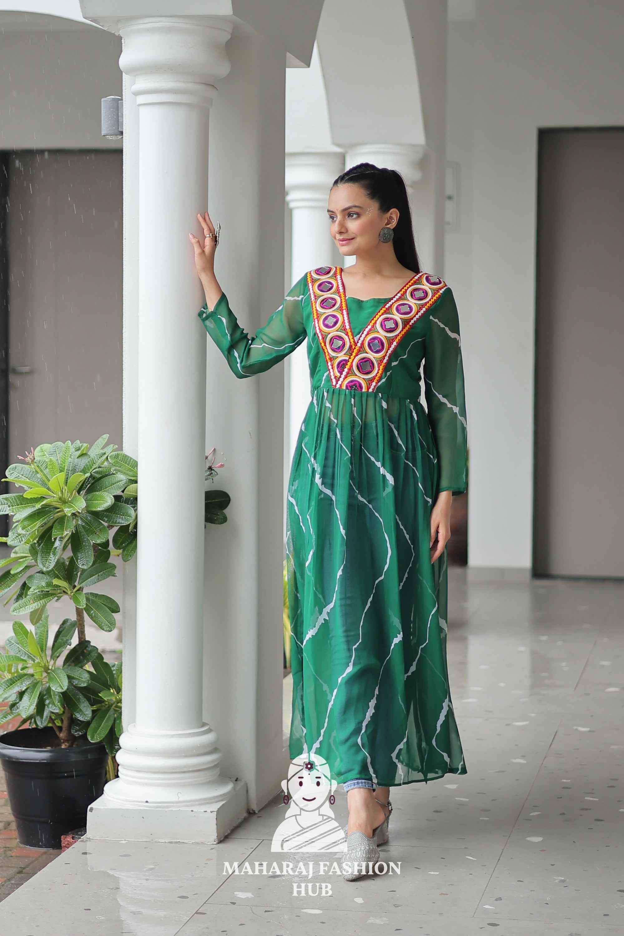 Traditional Faux Georgette Leheriya Patchwork Festive Navratri Kurti 💫🪔