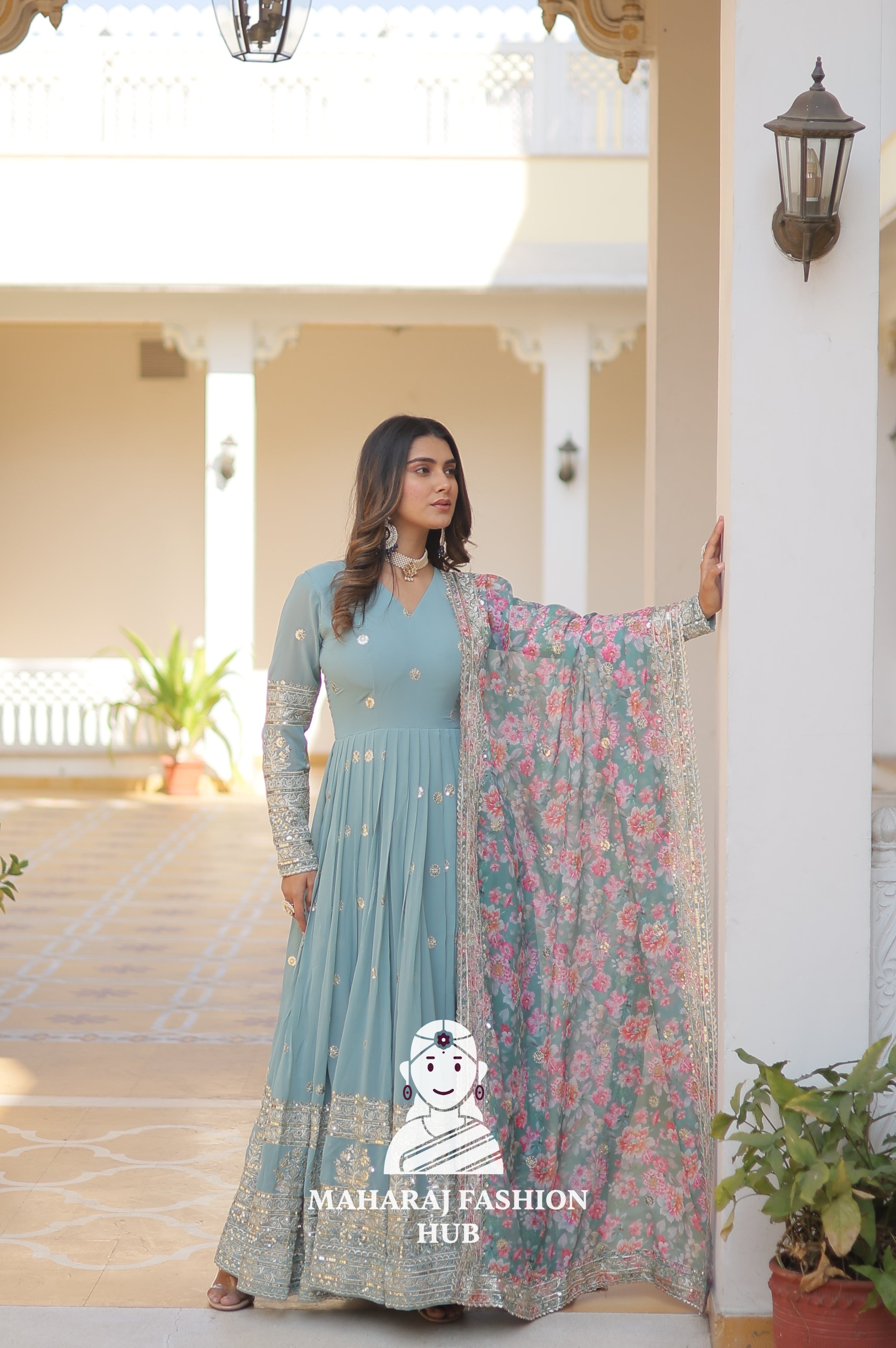 V Neck Faux Georgette Gown with Full Sleeves and Embroidered Silk Dupatta