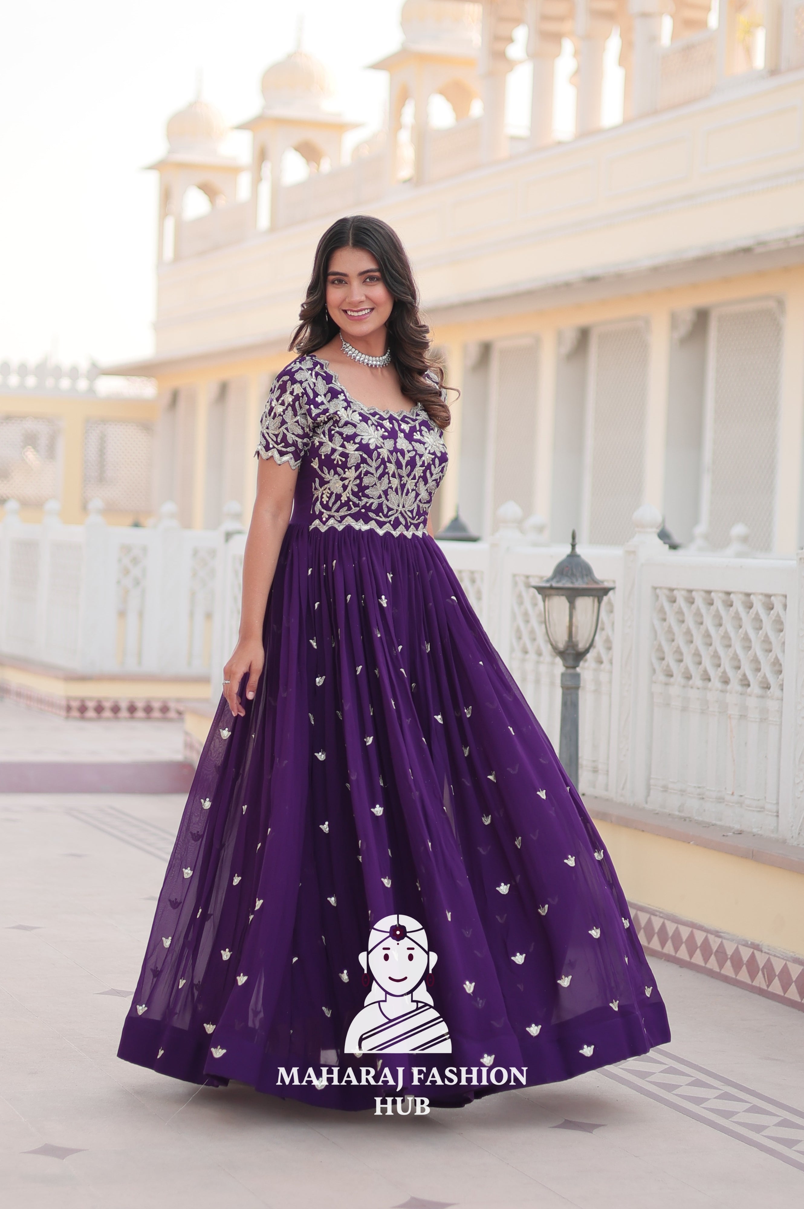Faux Blooming Special Designer Gown with Cut-Work Sleeves & Canvas Stitching