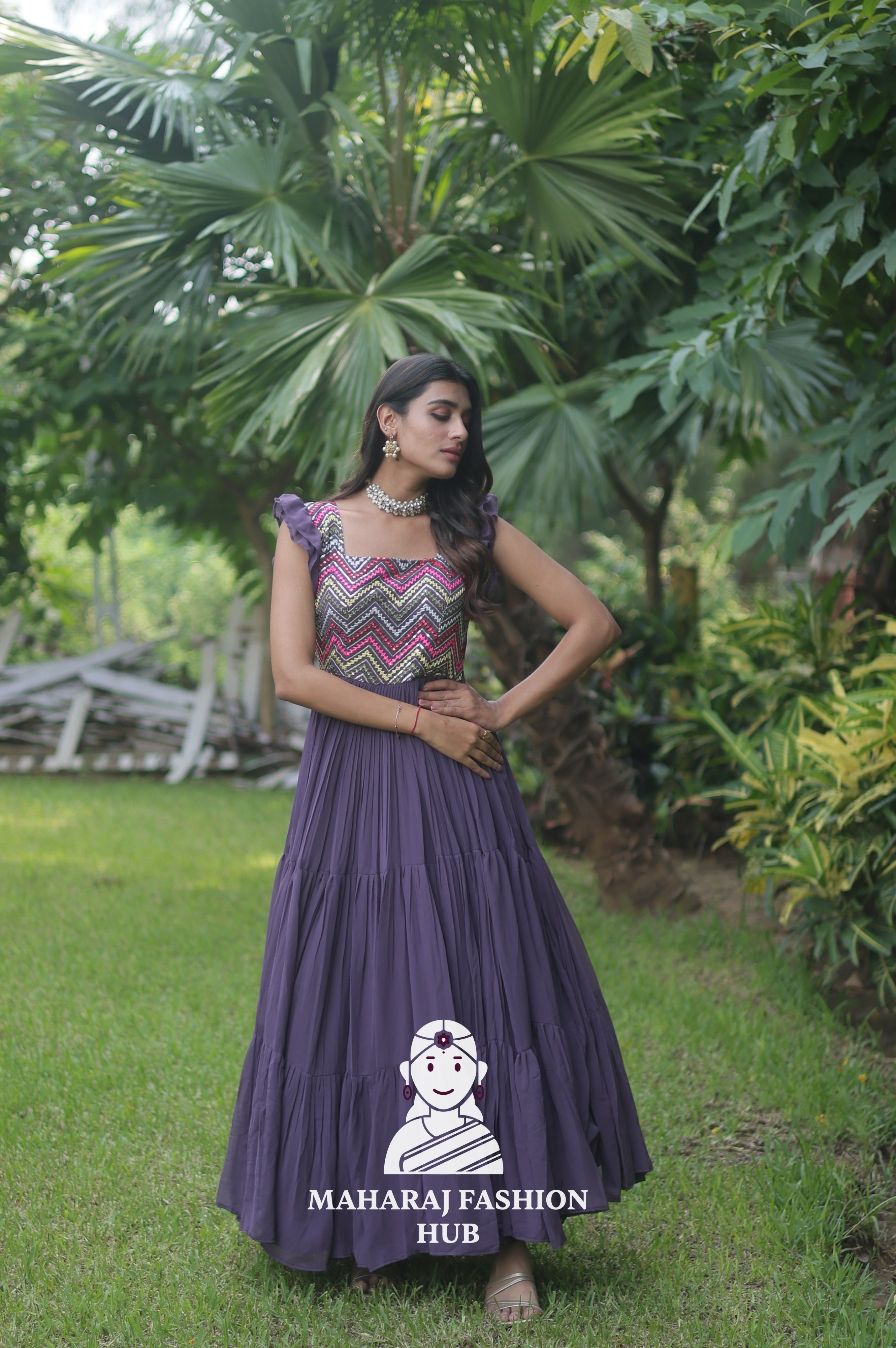 👑 Frill Shoulder Designer Gown with Square Neck & Embroidered Finish