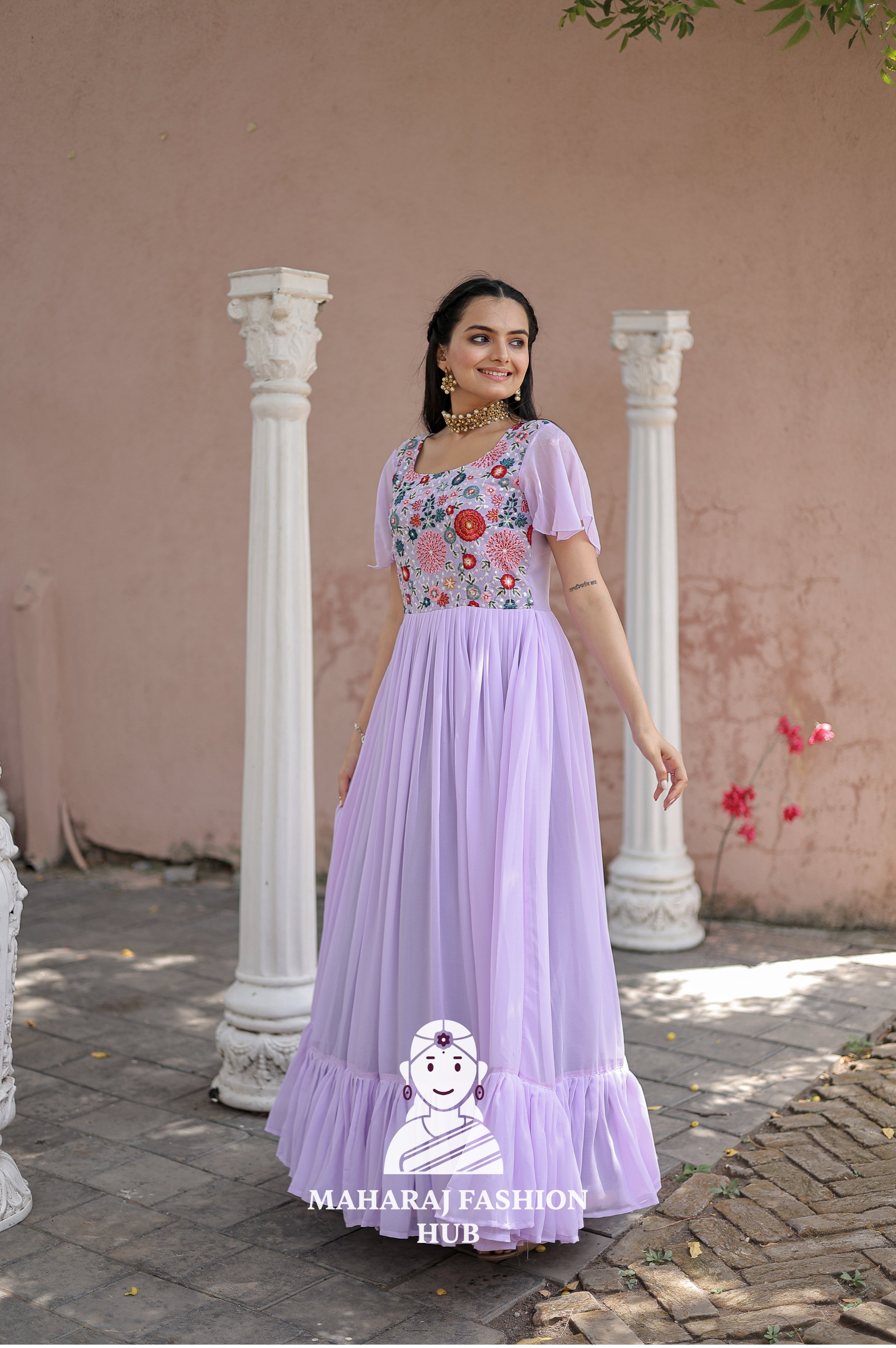 ✨ Faux Georgette Embroidered Gown with Sequins & Frill Stitch | Partywear Glam
