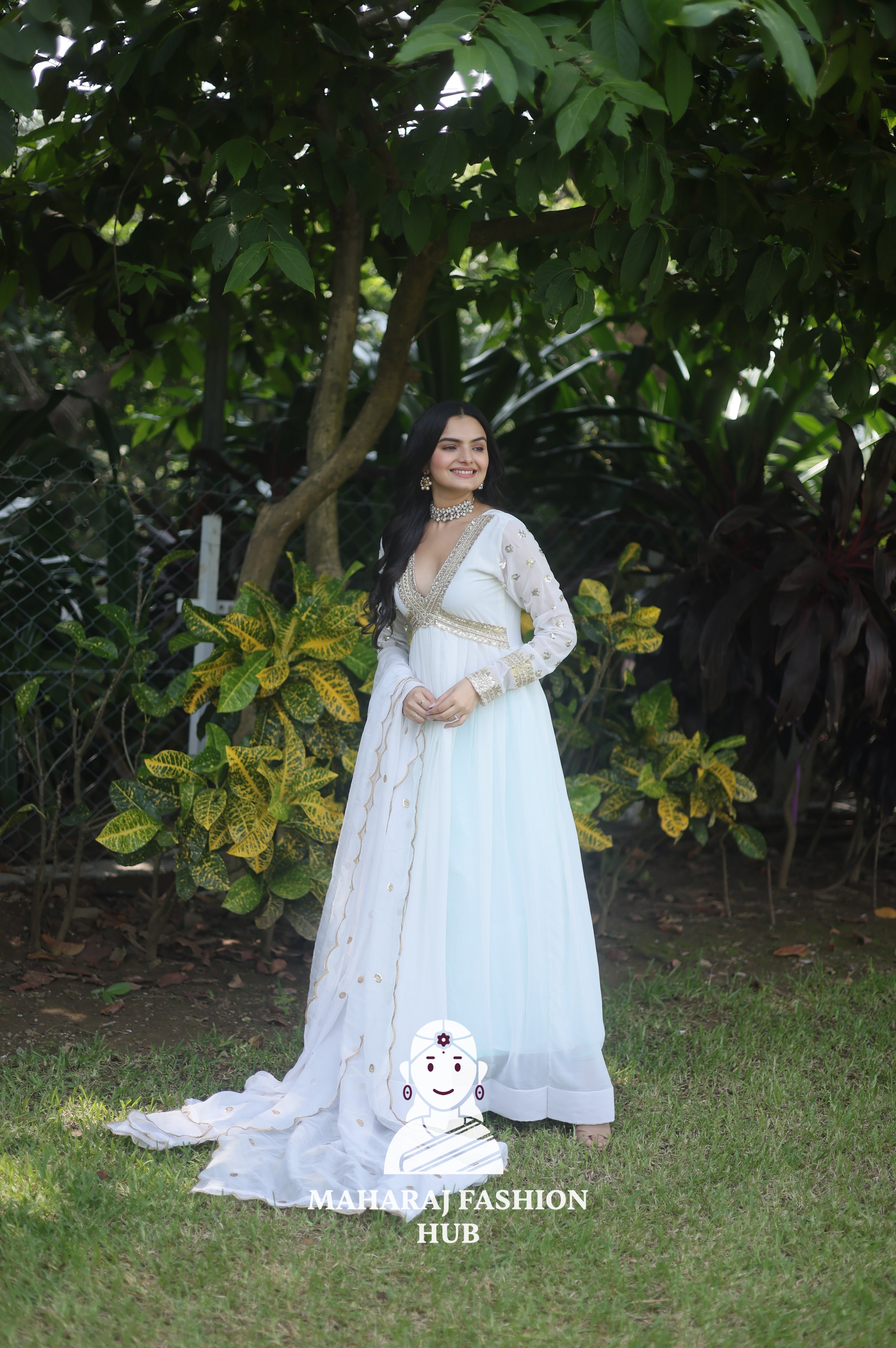 Zari-Sequined Faux Blooming Gown – With Fancy V Neck & Cut-Work Dupatta ✨