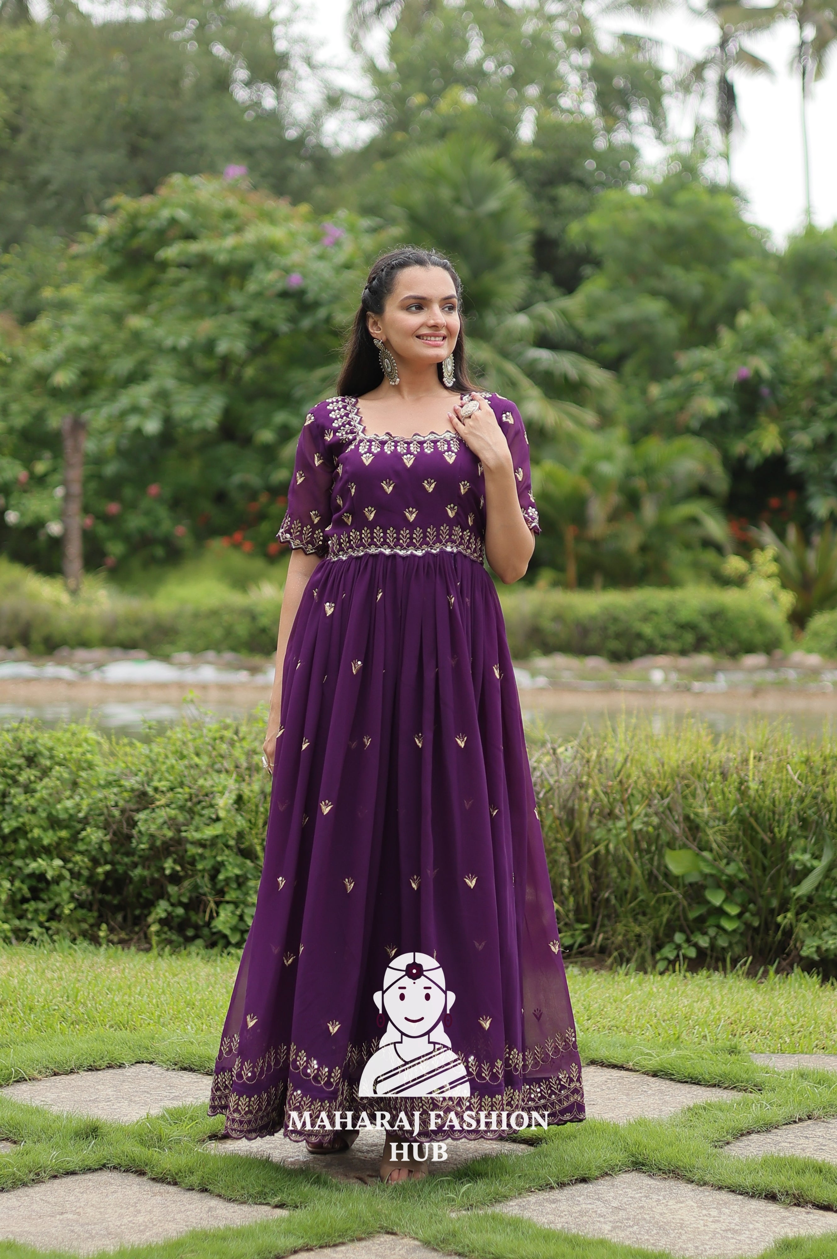 Designer Faux Blooming Fabric Gown with Modern Square Neck