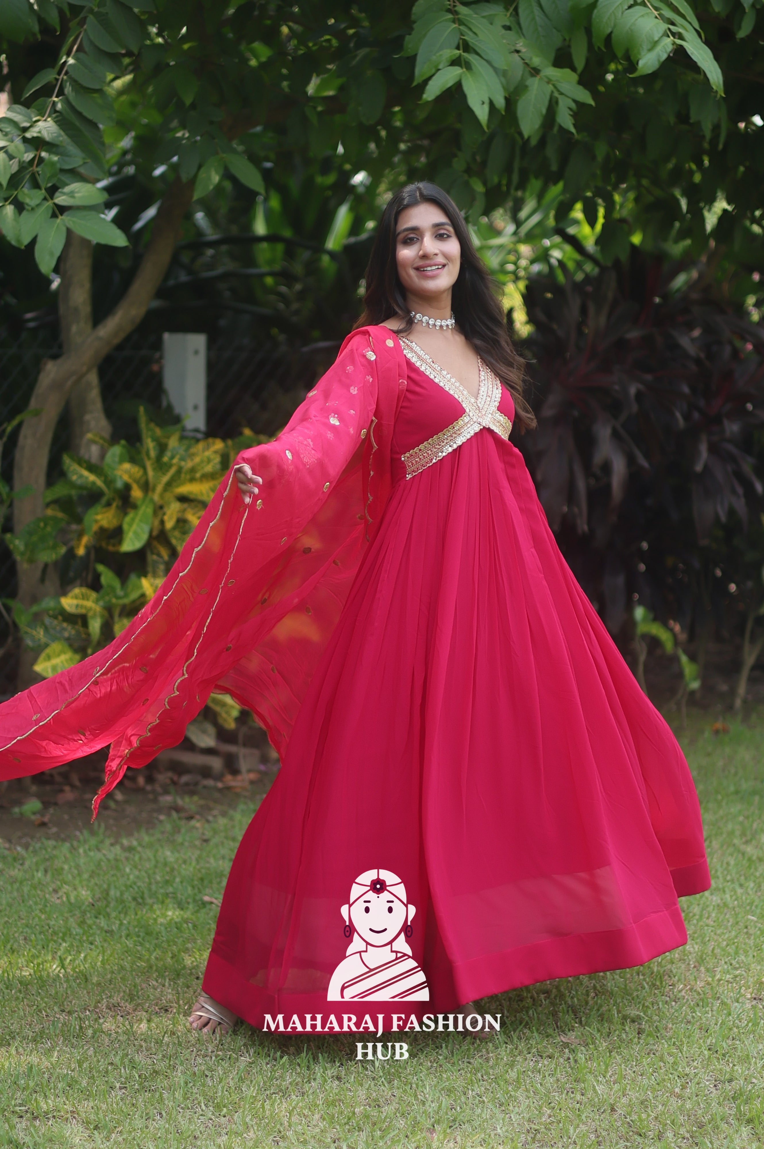 V-Neck Faux Blooming Gown – With Artistic Cut-Work Dupatta Combo 🌸