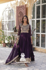 🌸 Designer Gown in Faux Blooming with Heavy Work & Stylish Dupatta - Combo Offer Gown