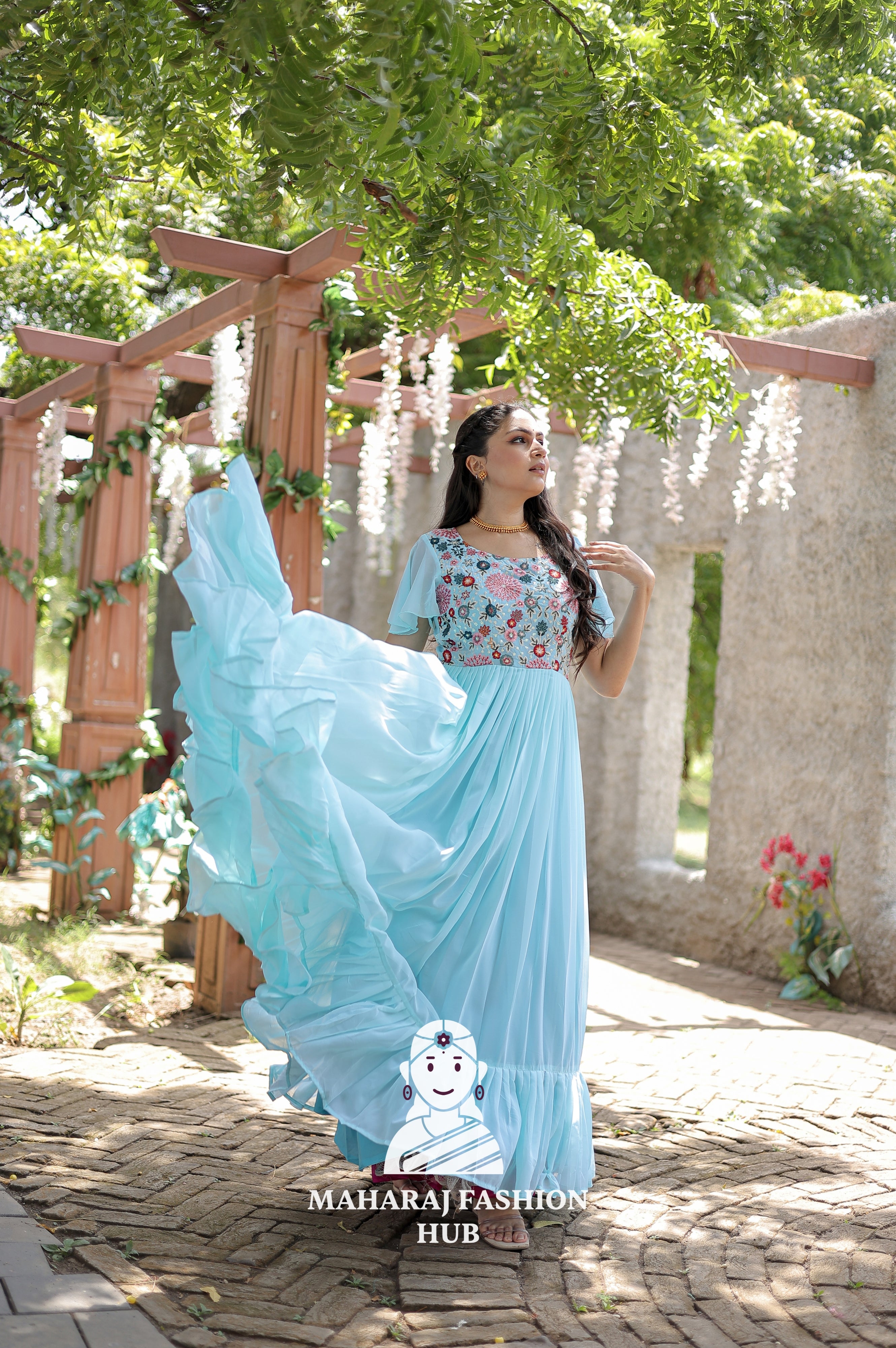 ✨ Cotton Lined Frill Stitch Gown in Faux Georgette | Wedding & Party Essential