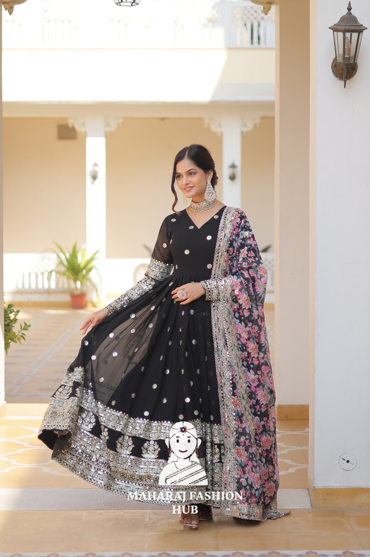 Partywear Faux Georgette Gown with Tabby Silk Cutwork Dupatta