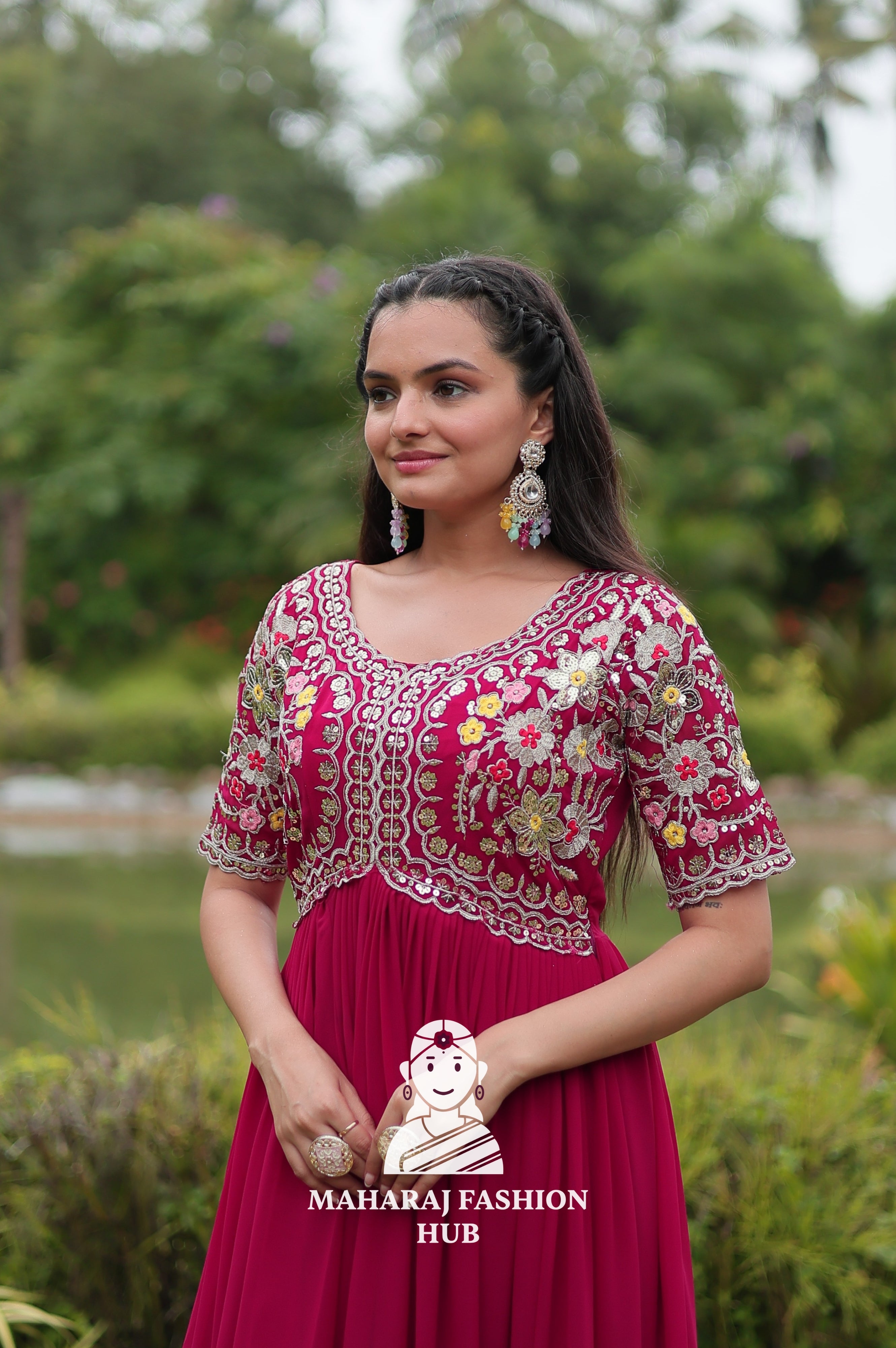 Half Sleeve Faux Blooming Fabric Gown with Luxe Finish