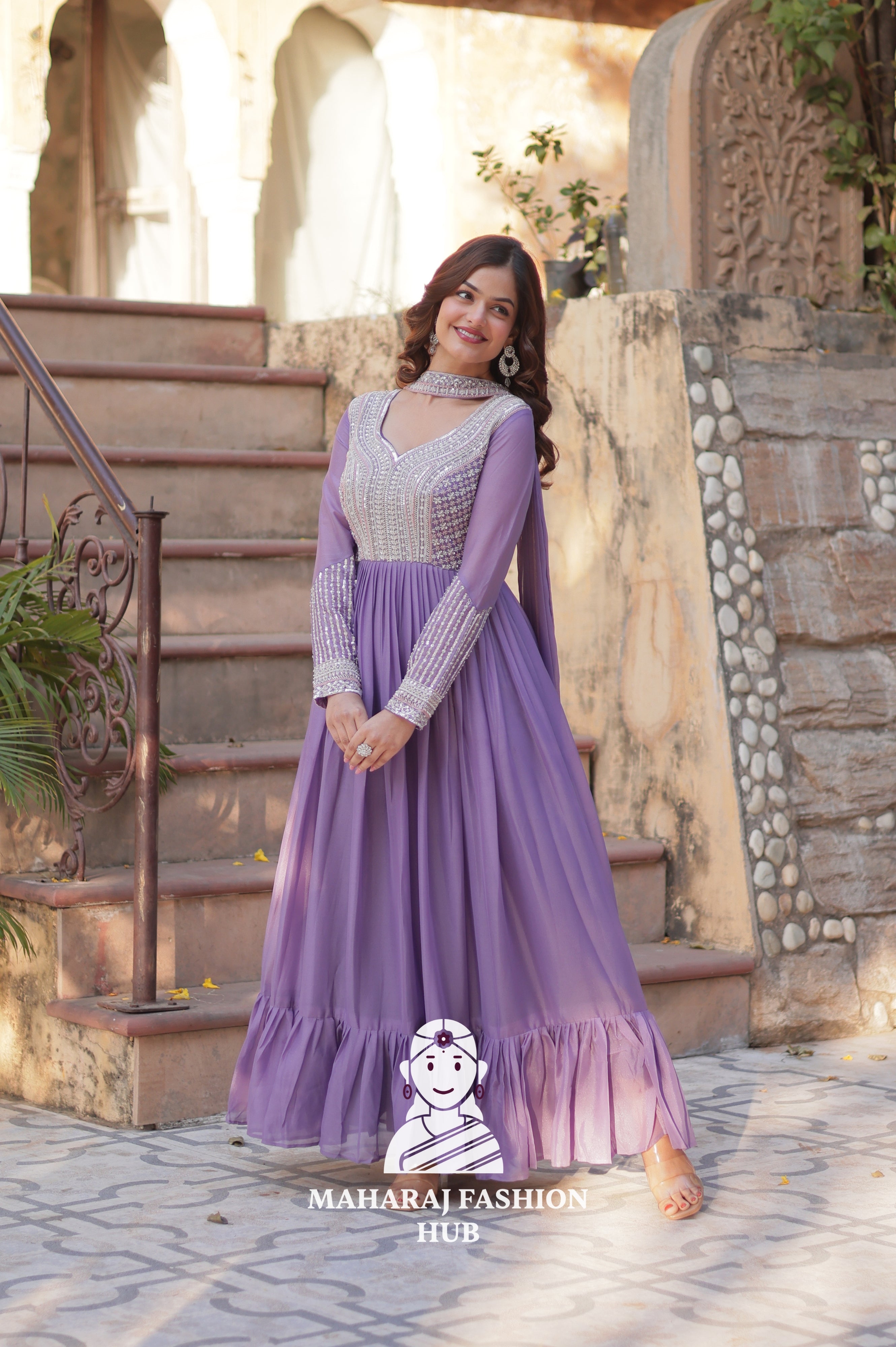 🧵 Star Georgette Gown with Heavy Work & 5 M Flair Grandeur - Special Designer Gown