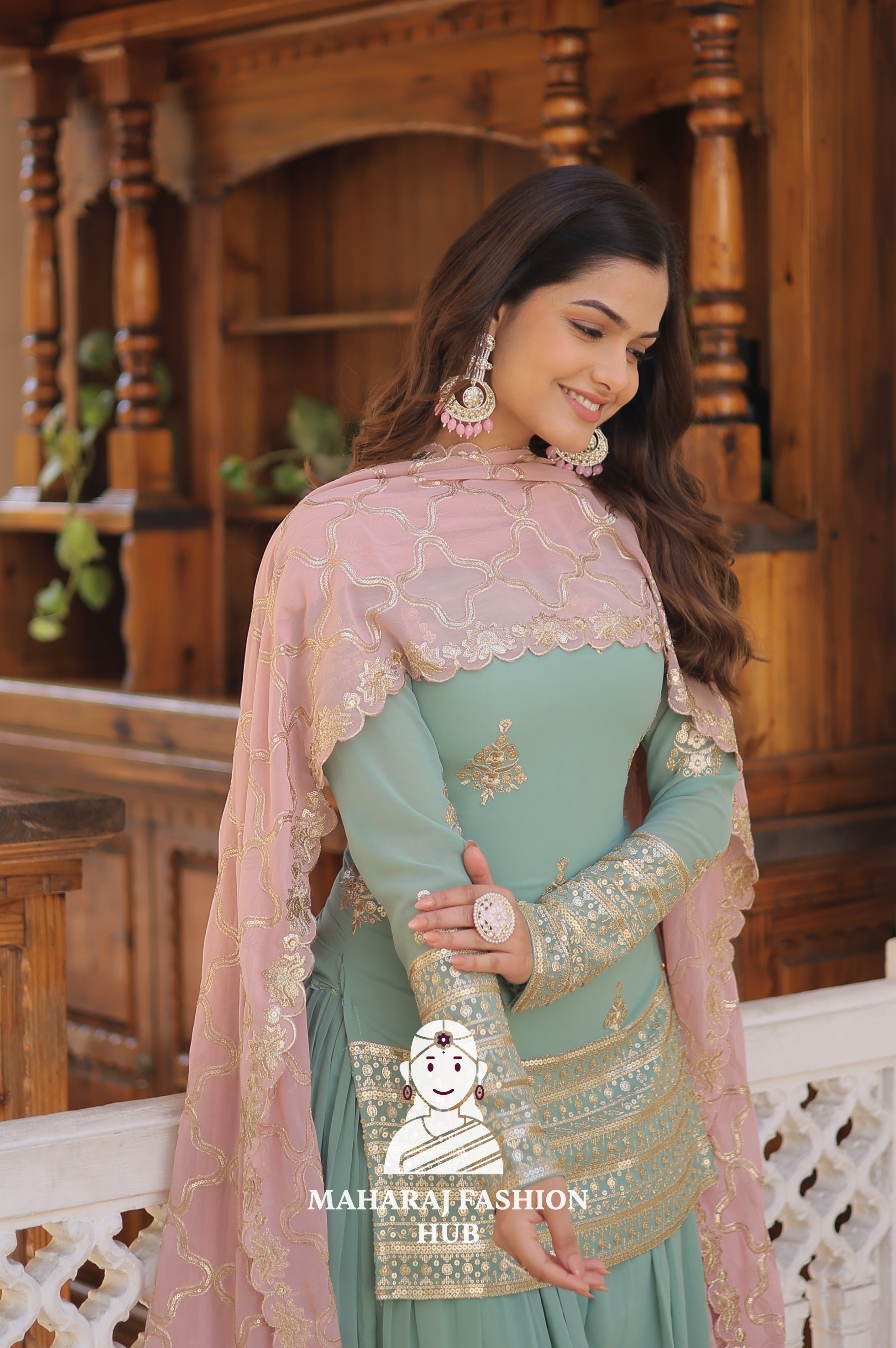3 - Piece : Festive Ready Kurti Set with Elastic Plazzo & Designer Neckline