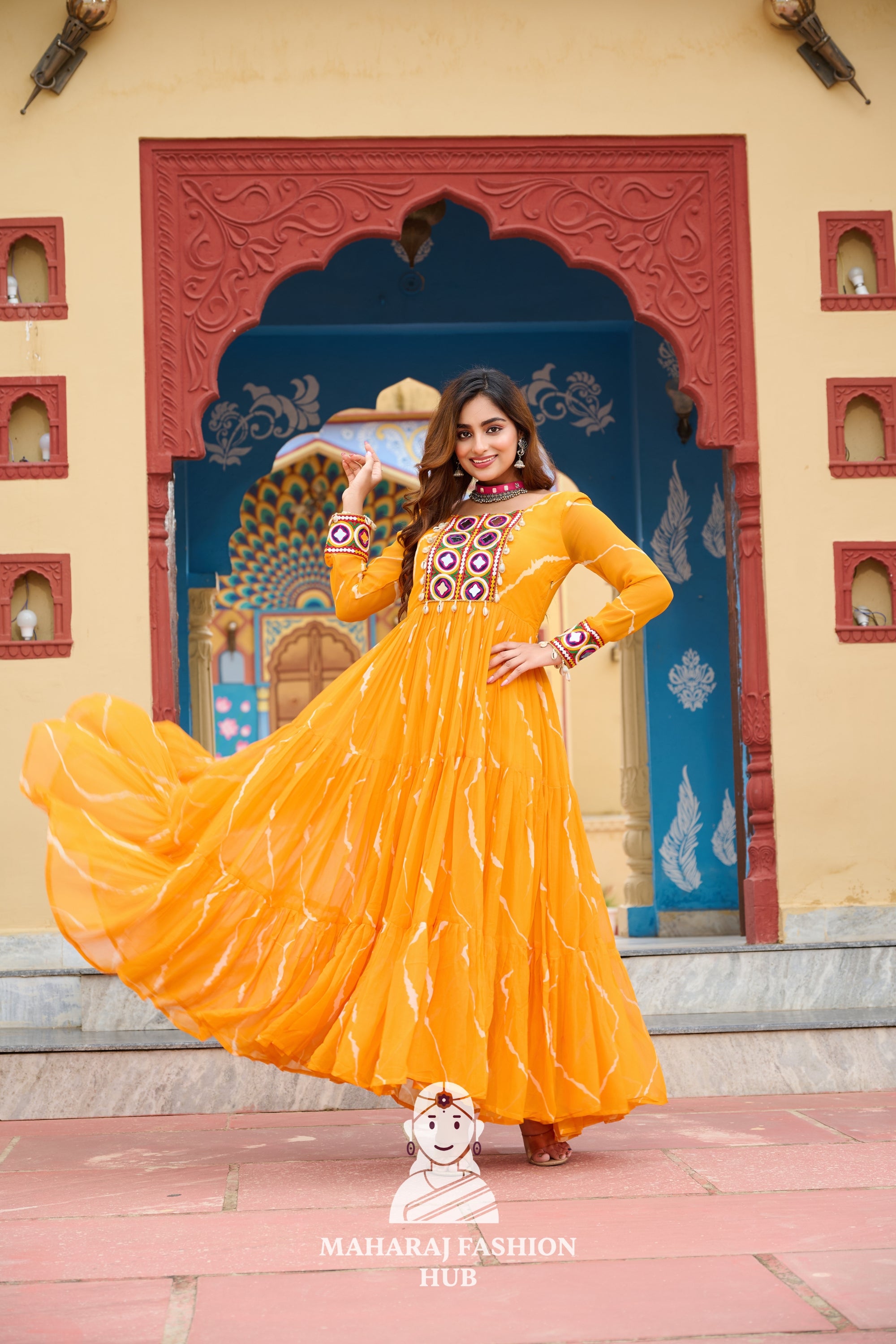 Premium Faux Georgette Laheriya Navratri Gown with Kutchi Embroidery 🌸🪔