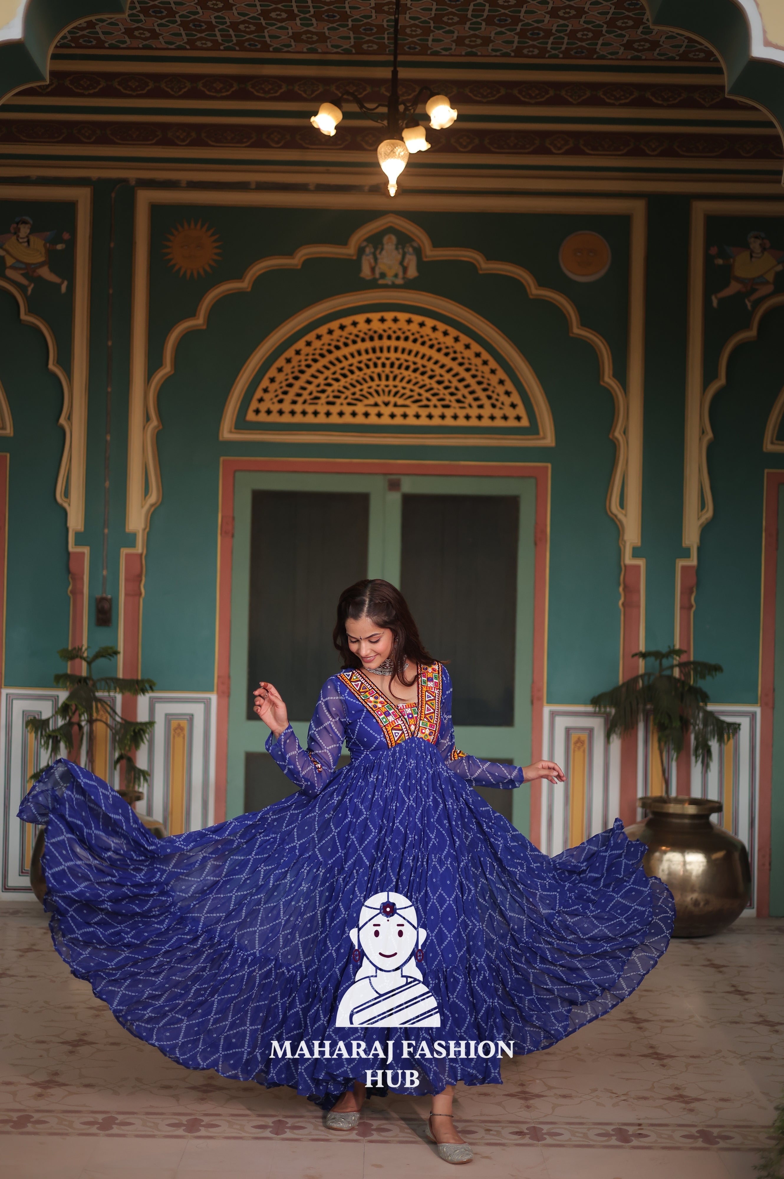 Bandhani Print Faux Georgette Gown with Kutchi Patchwork Detailing