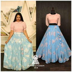 Blue-Pink Faux Georgette Crop Top Lehenga with Wire Picco Work & Readymade Blouse Piece – Perfect for Functions 💃🏻