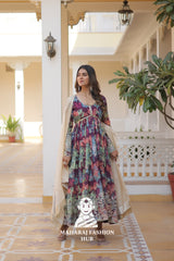 Designer V Neck Russian Silk Gown with Embroidered Dupatta