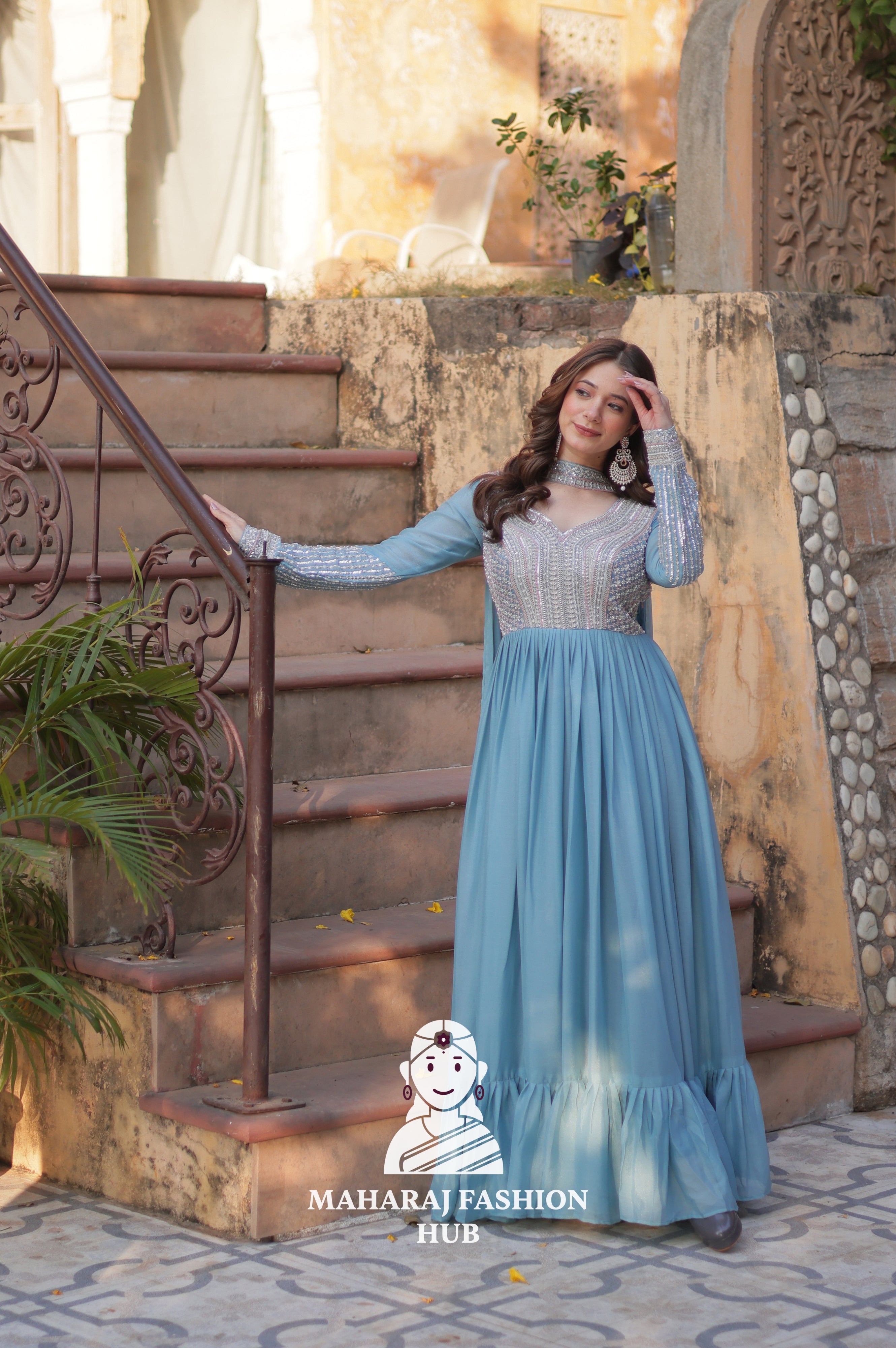 💫 Designer Gown in Star Georgette with Pan Neck & Full Embroidery - Special Designer Gown