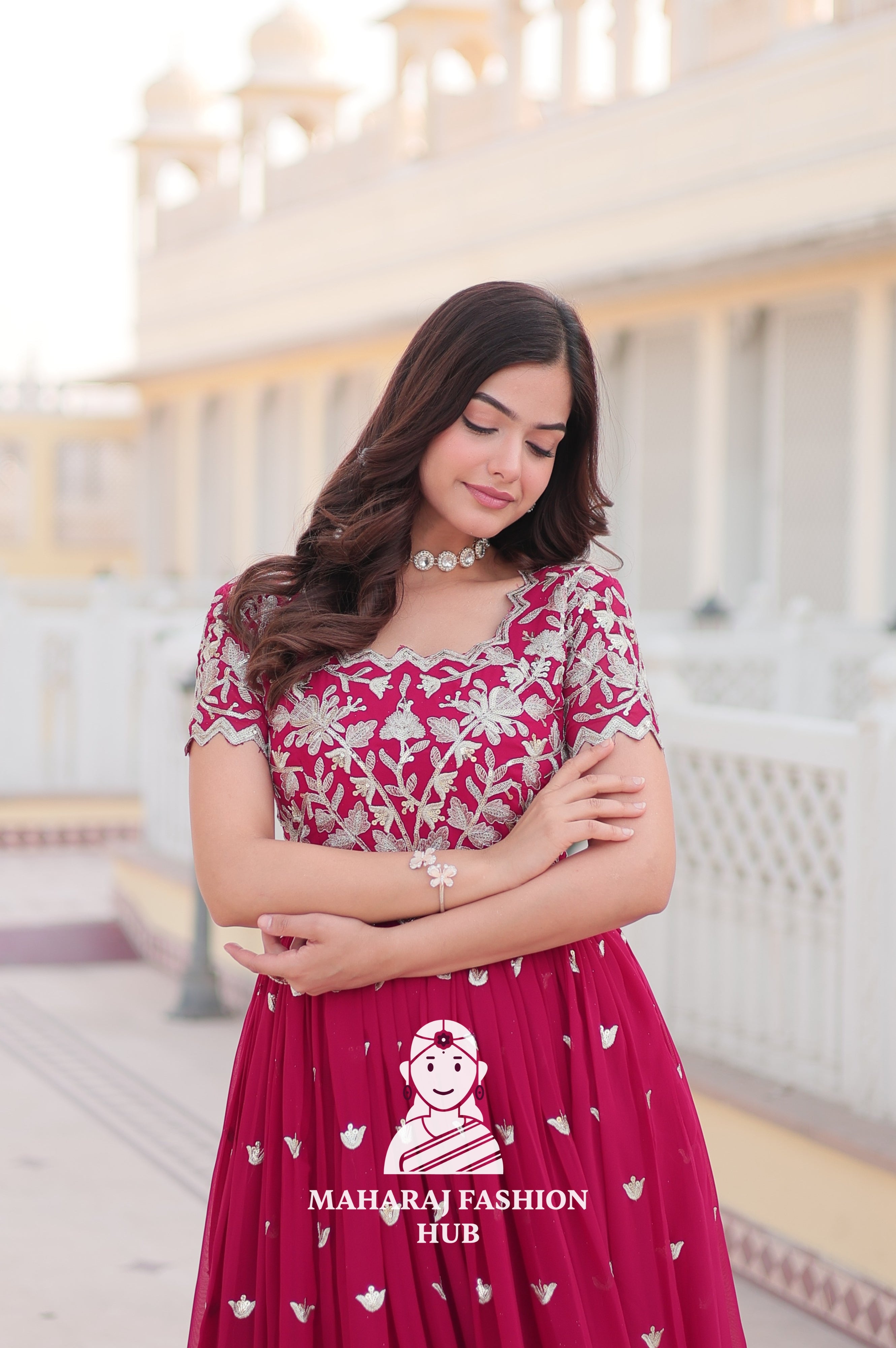 Canvas Patta Stitched Special Designer Gown with Embroidered Cut-Work Sleeves
