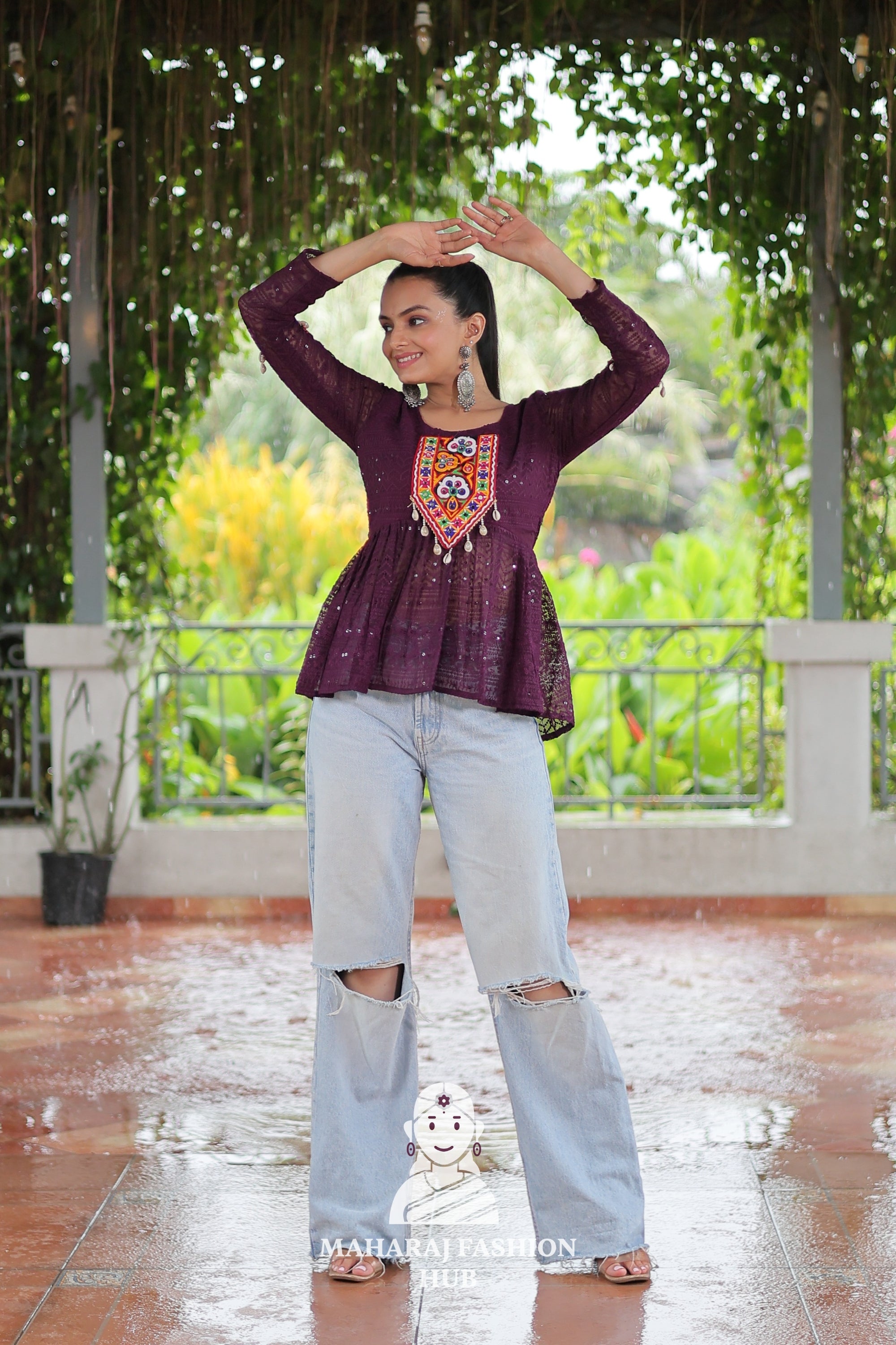 Elegant Kutchi Gamthi Schiffli Embroidery Georgette Peplum Top 🌸👑