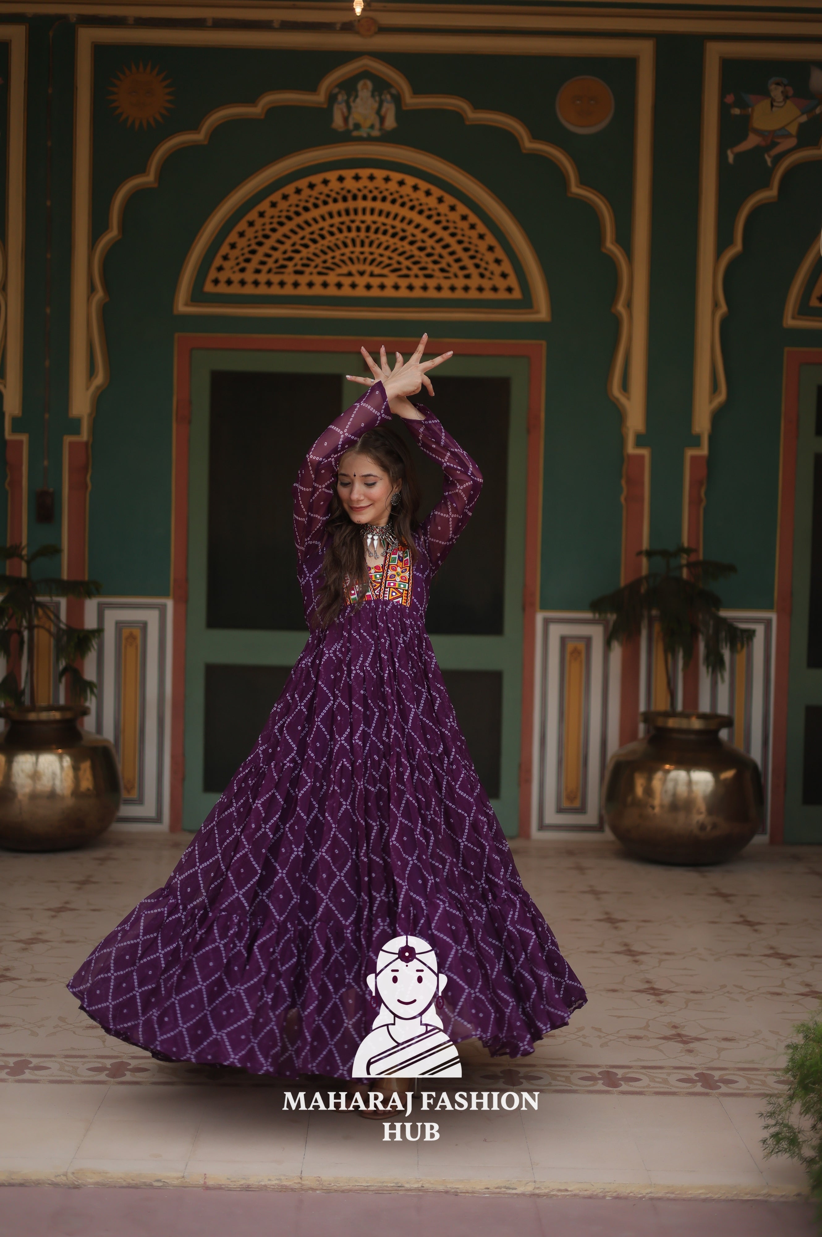 Faux Georgette Gown with Kutchi Patch and Bandhani Artistry