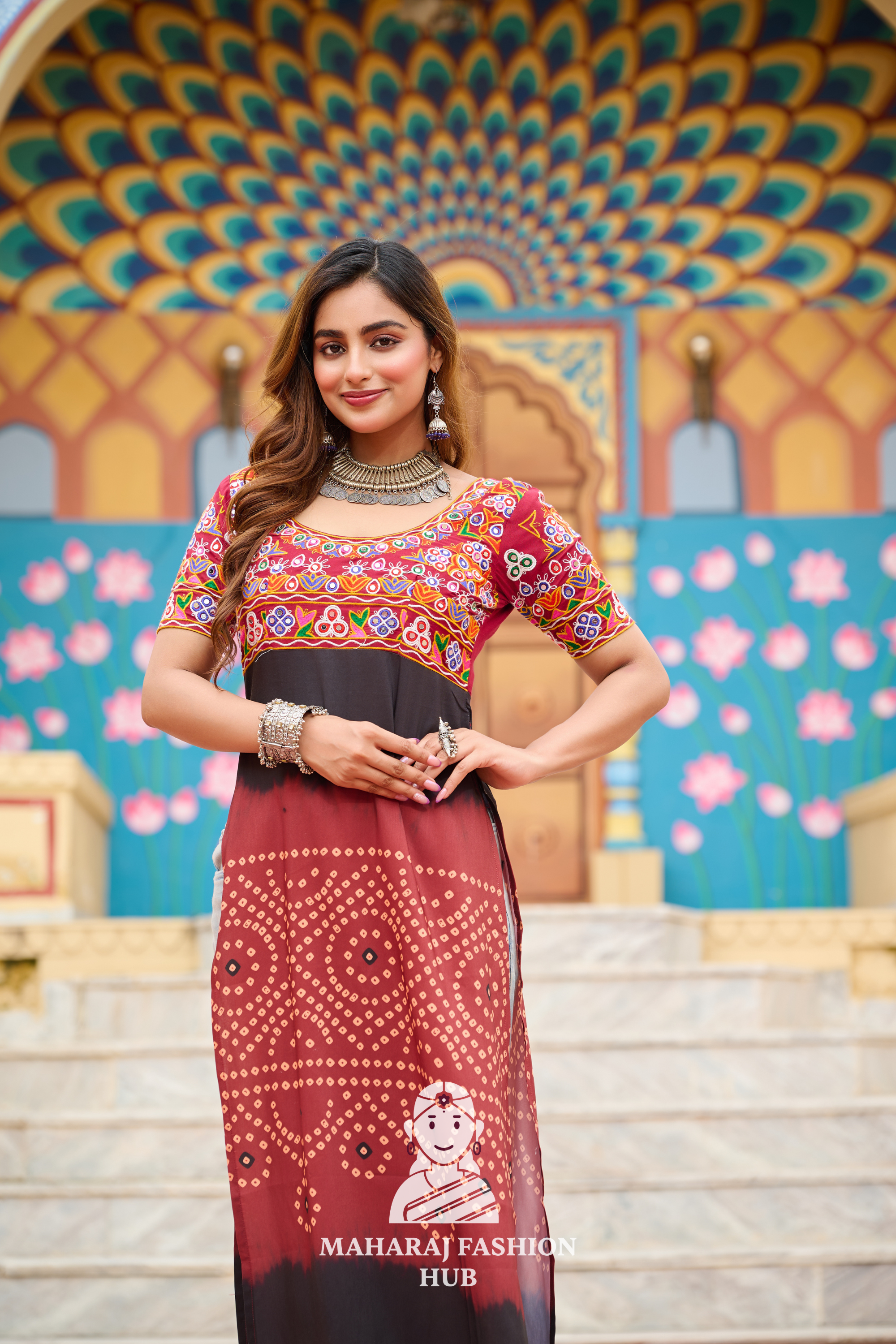Premium Printed Rayon Round Neck Navratri Kurti with Kutchi Embroidery 💫🎶