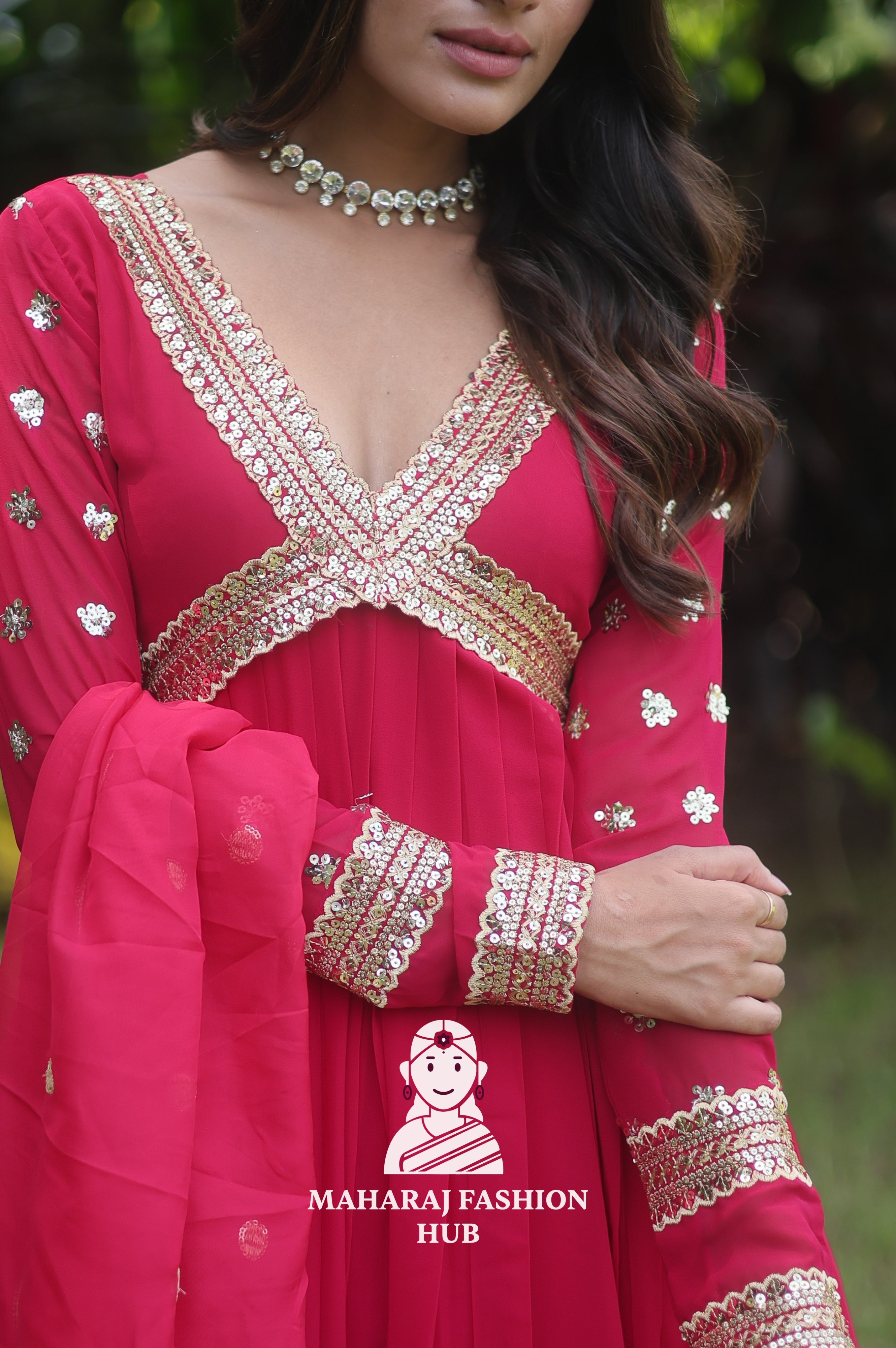 V-Neck Faux Blooming Gown – With Artistic Cut-Work Dupatta Combo 🌸