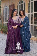 👗 Elegant Beaded Gown Set with Full Sleeves & Cotton Lining - Combo Offer Gown