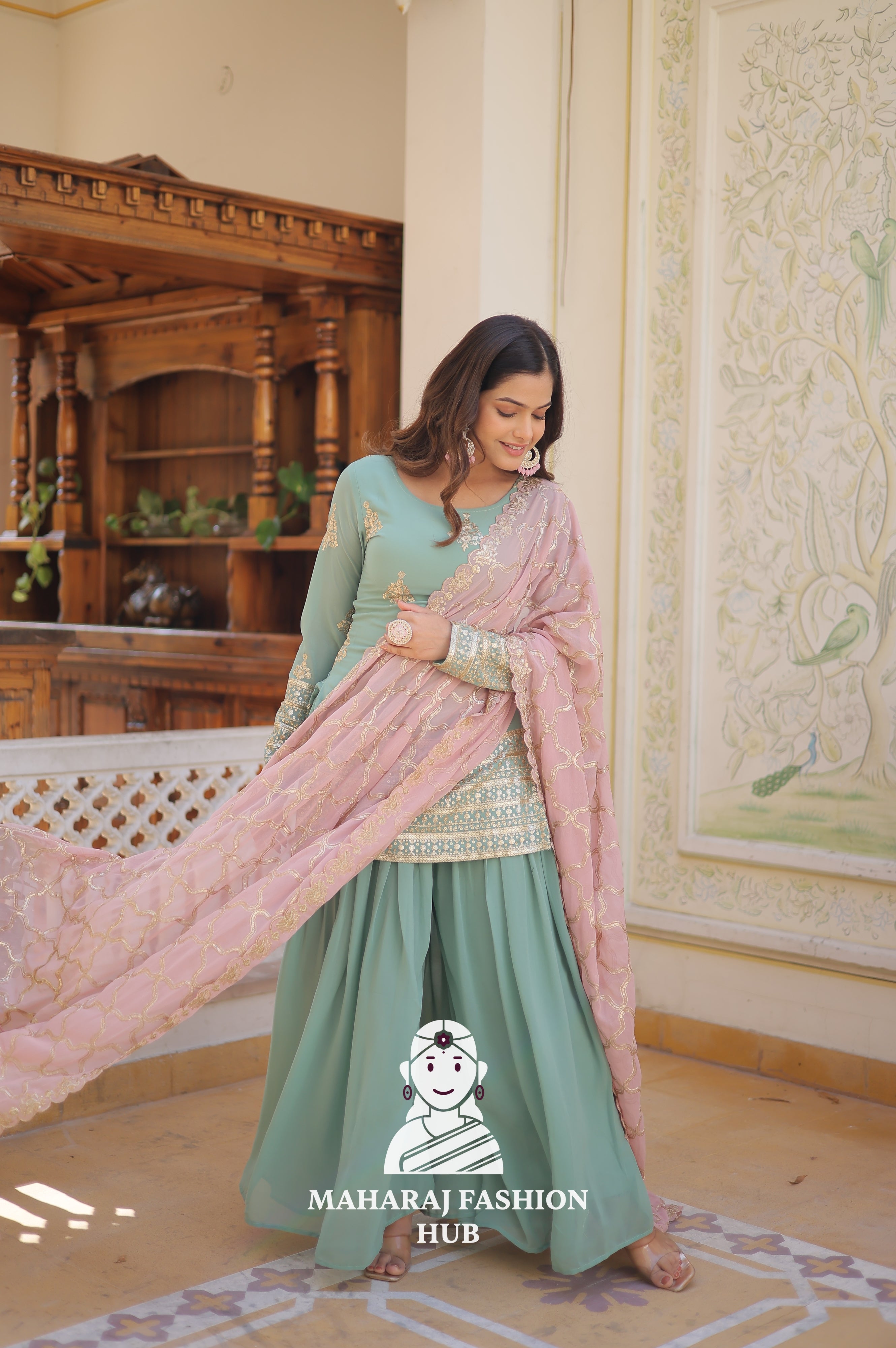 3 - Piece : Festive Ready Kurti Set with Elastic Plazzo & Designer Neckline