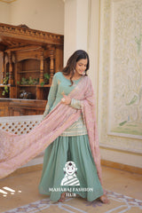 3 - Piece : Festive Ready Kurti Set with Elastic Plazzo & Designer Neckline