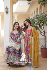 Embroidered Digital Print Gown in Russian Silk with Full Inner Lining