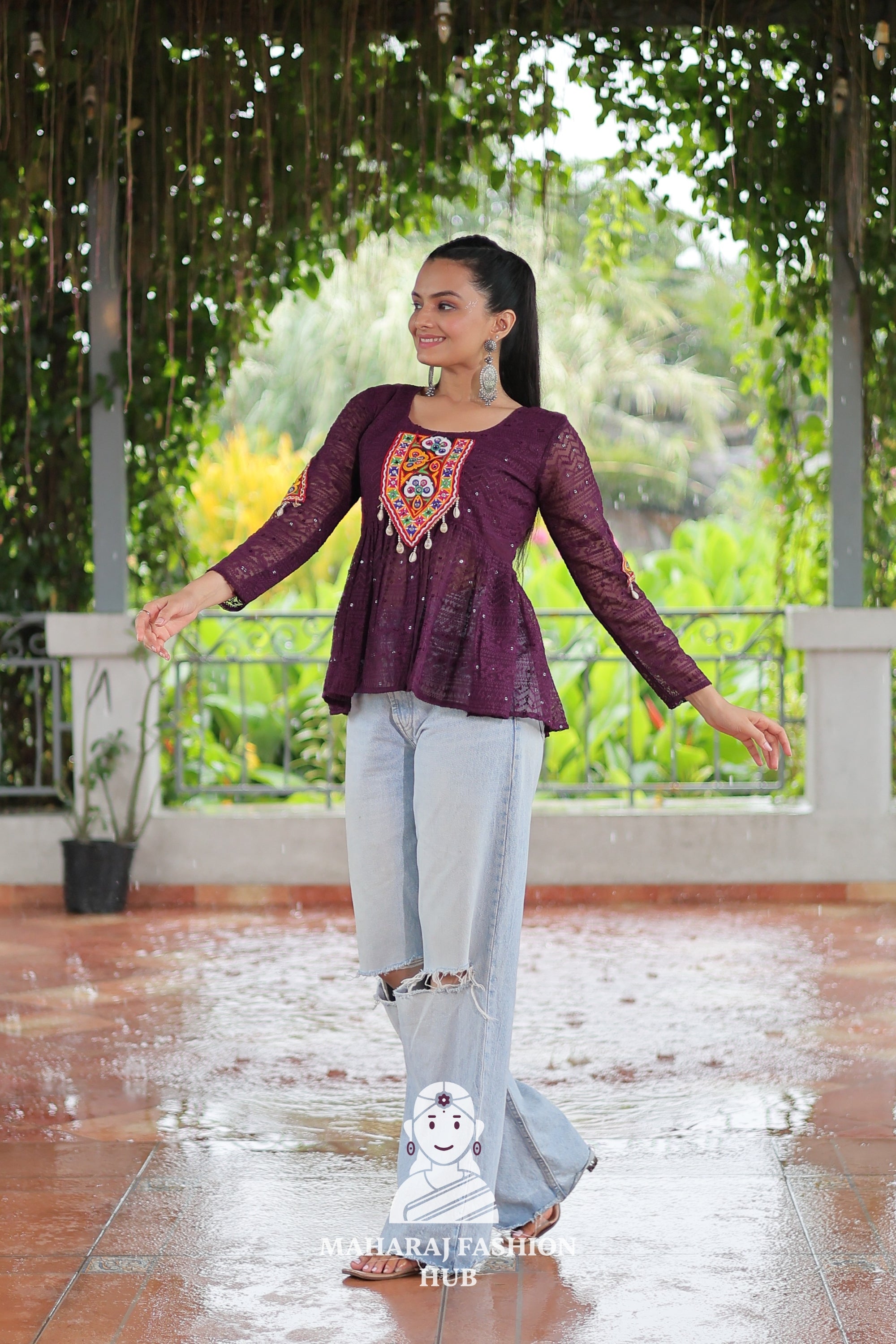 Elegant Kutchi Gamthi Schiffli Embroidery Georgette Peplum Top 🌸👑