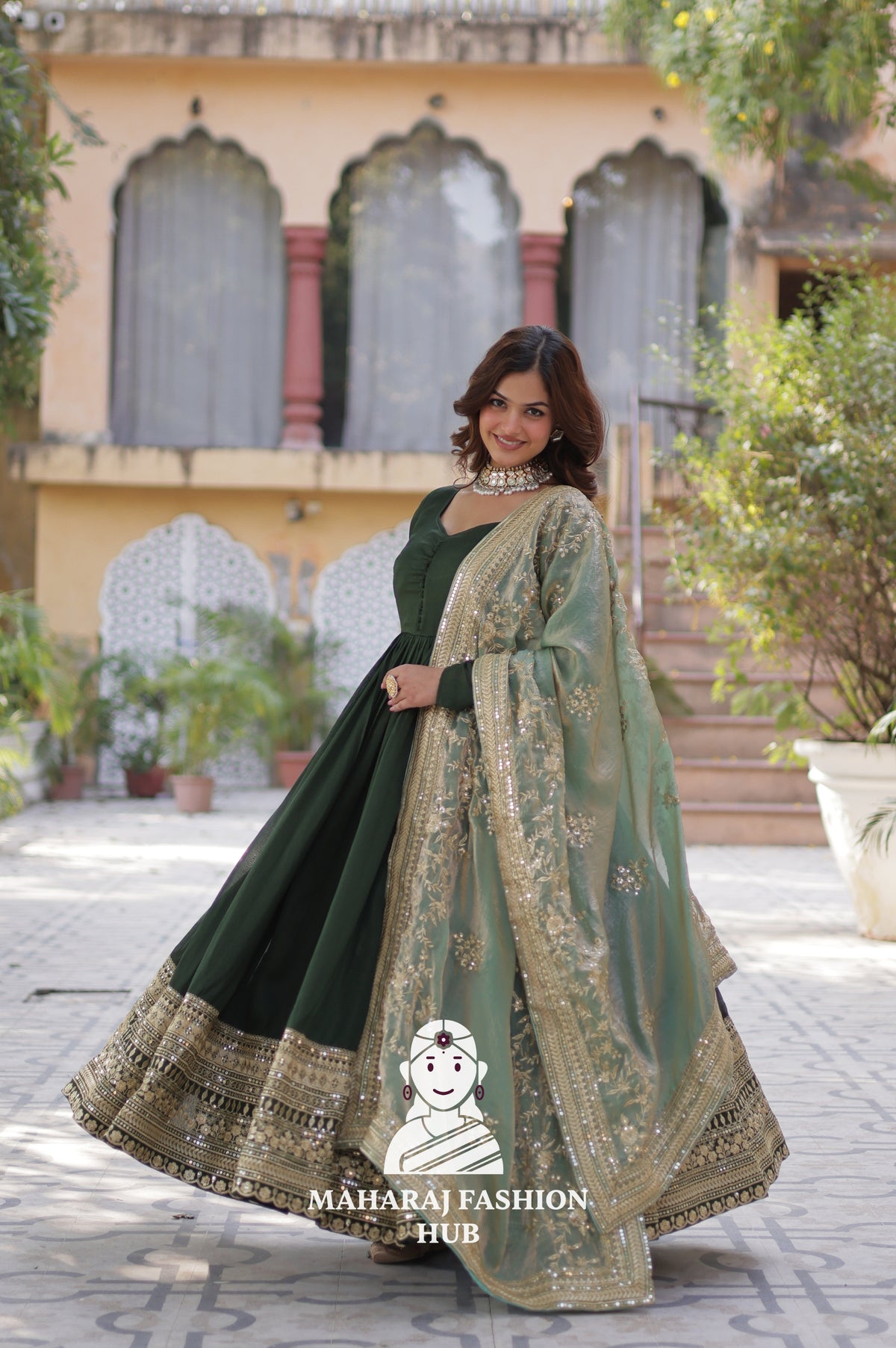 🎀 Ethnic Radiance in Vichitra with Full Sleeves & V-Neck - Special Designer Gown