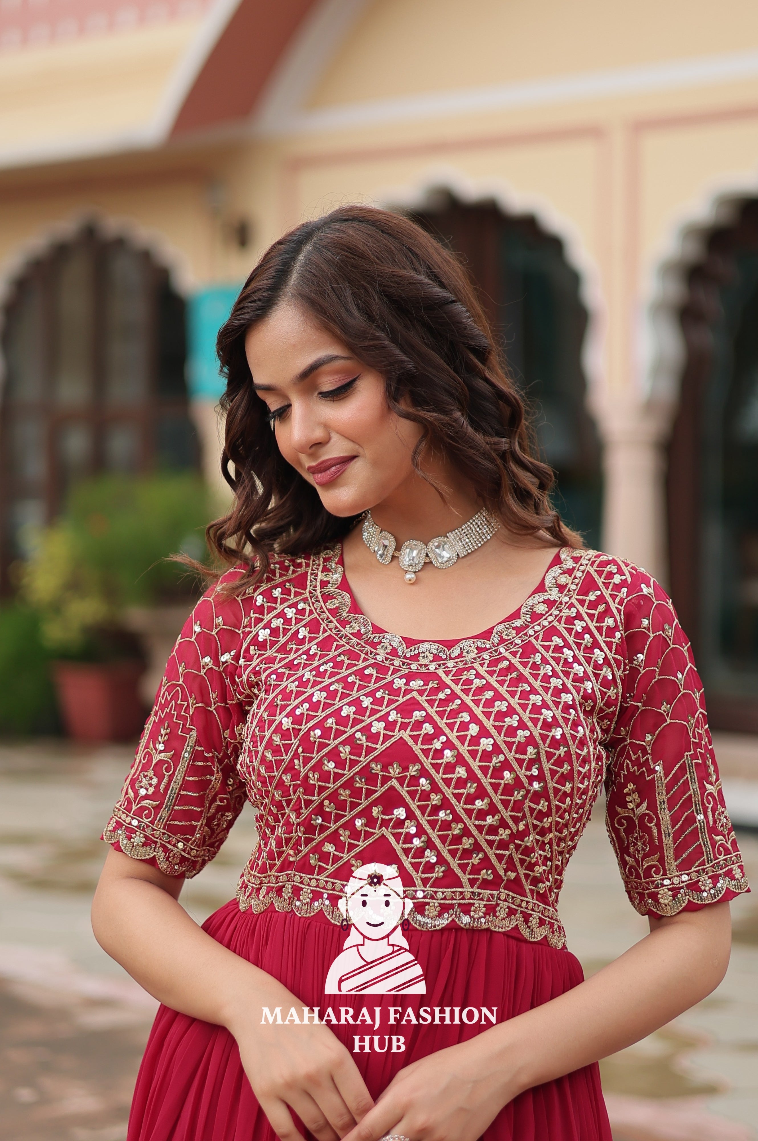 Beautiful Embroidered Faux Blooming Gown with Cotton Lining