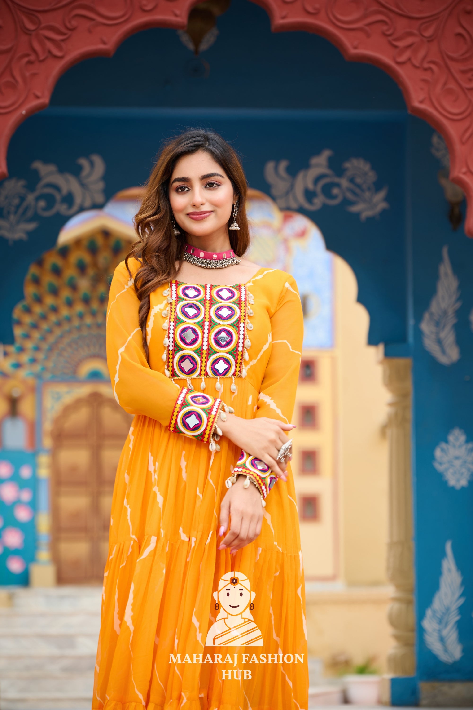 Premium Faux Georgette Laheriya Navratri Gown with Kutchi Embroidery 🌸🪔