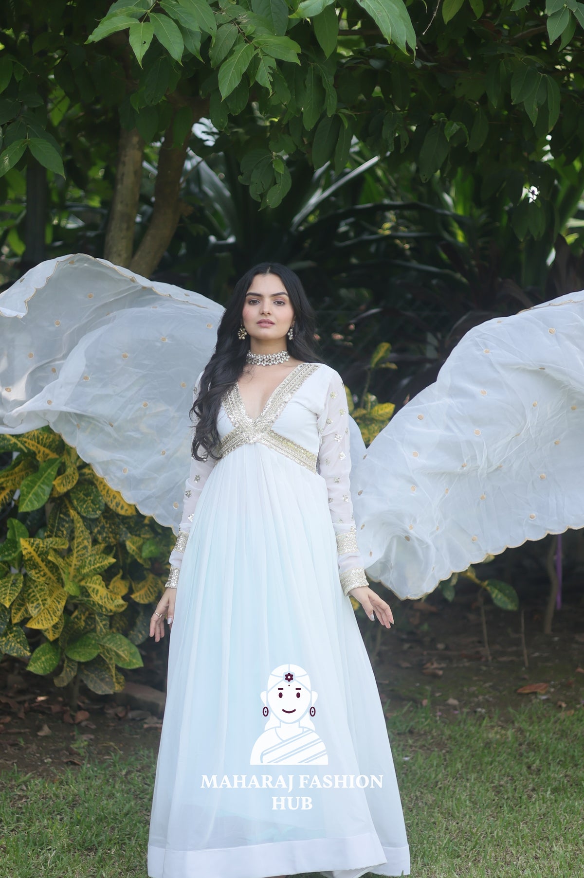 Zari-Sequined Faux Blooming Gown – With Fancy V Neck & Cut-Work Dupatta ✨