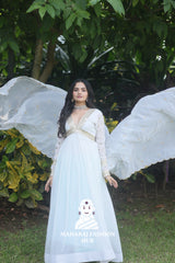 Zari-Sequined Faux Blooming Gown – With Fancy V Neck & Cut-Work Dupatta ✨