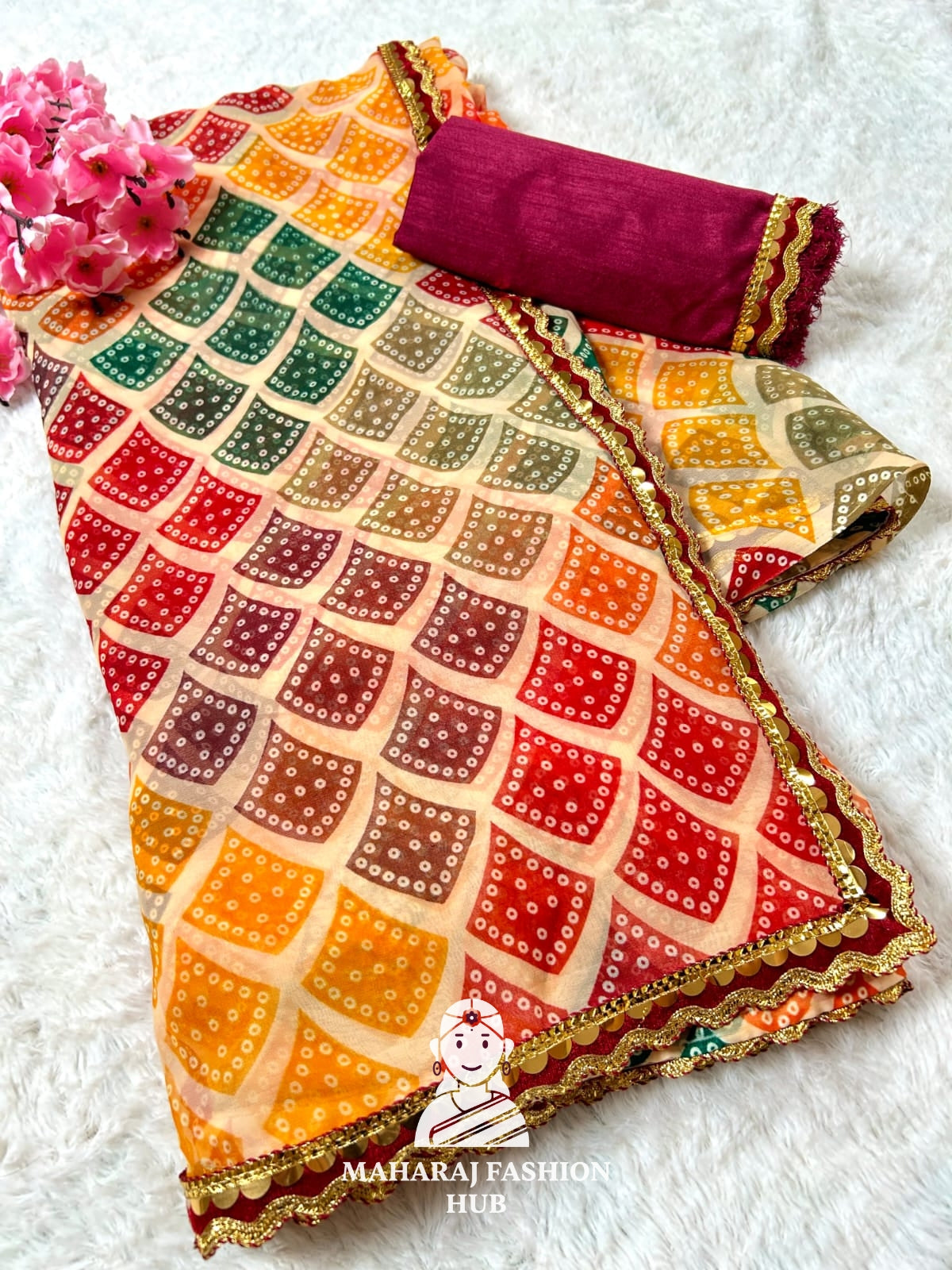 Premium Bandhani Print Georgette Saree for Women and Girls || Traditional Ethnic Saree with Matching Blouse Piece || Perfect for Weddings, Festivals, and Special Occasions || Lightweight & Comfortable Party Wear Saree