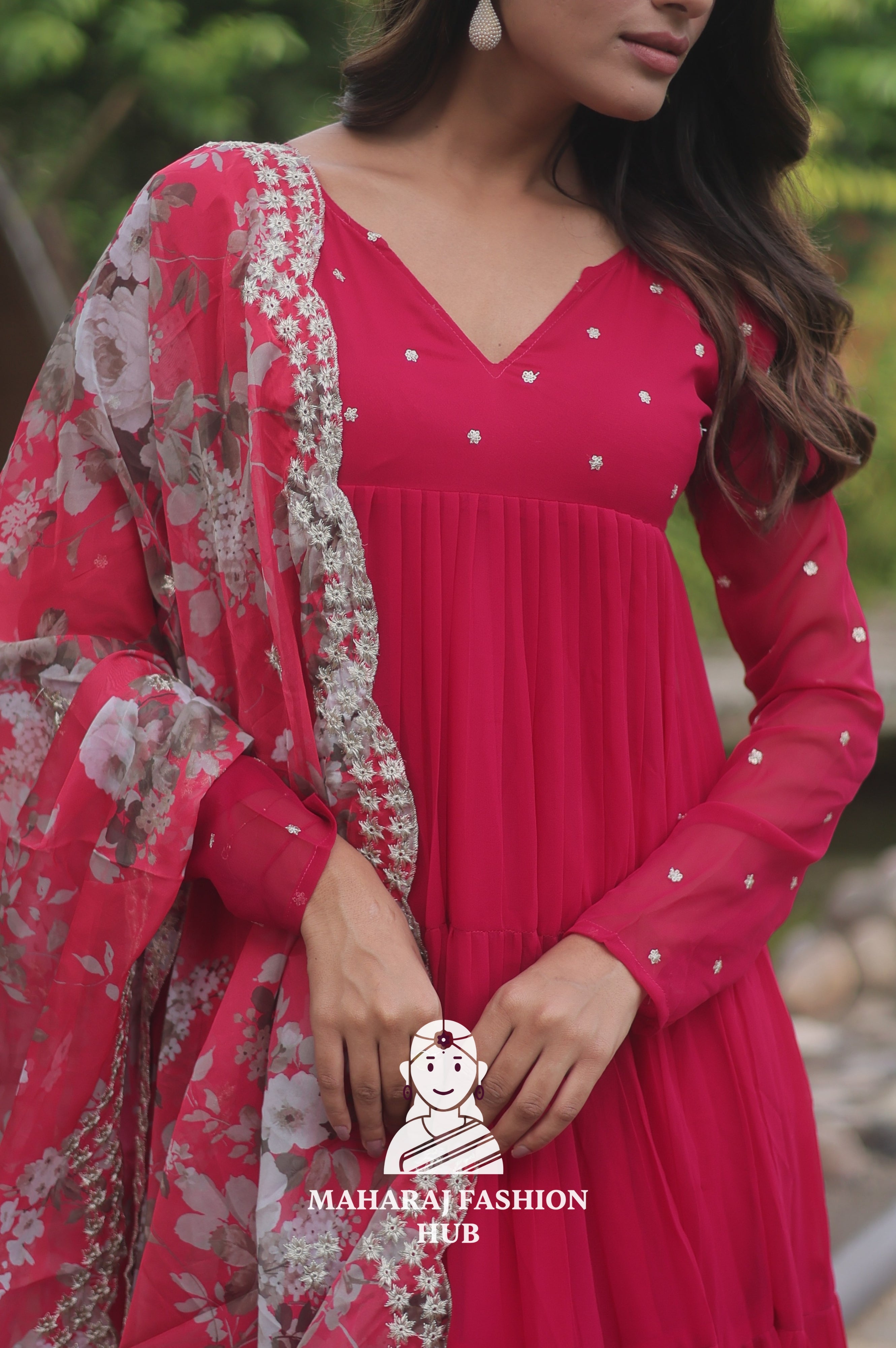 🪷 Floral Printed Organza Dupatta with Frill Gown & Micro Cotton Bottom